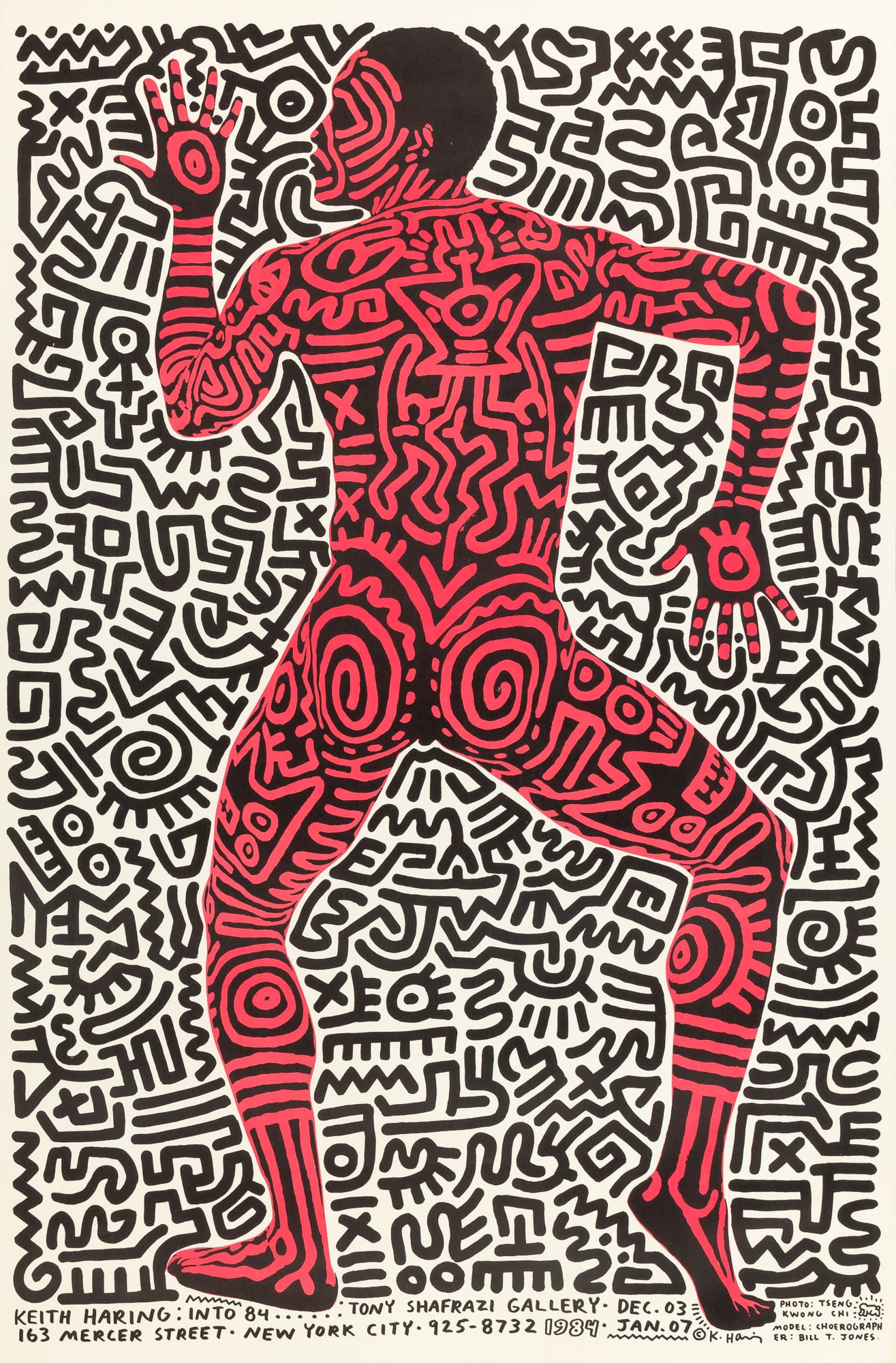 Keith Haring (1958-1990): INTO '84......SHAFRAZI GALLERY POSTER Color offset lithograph, 1984, on wove paper, with full margins, unframed. Image 33 3/4 x 22 1/4 inches (85.7 x 56.5 cm) Sheet 34 7/8 x 23 inches (88.5 x 58.4 cm)