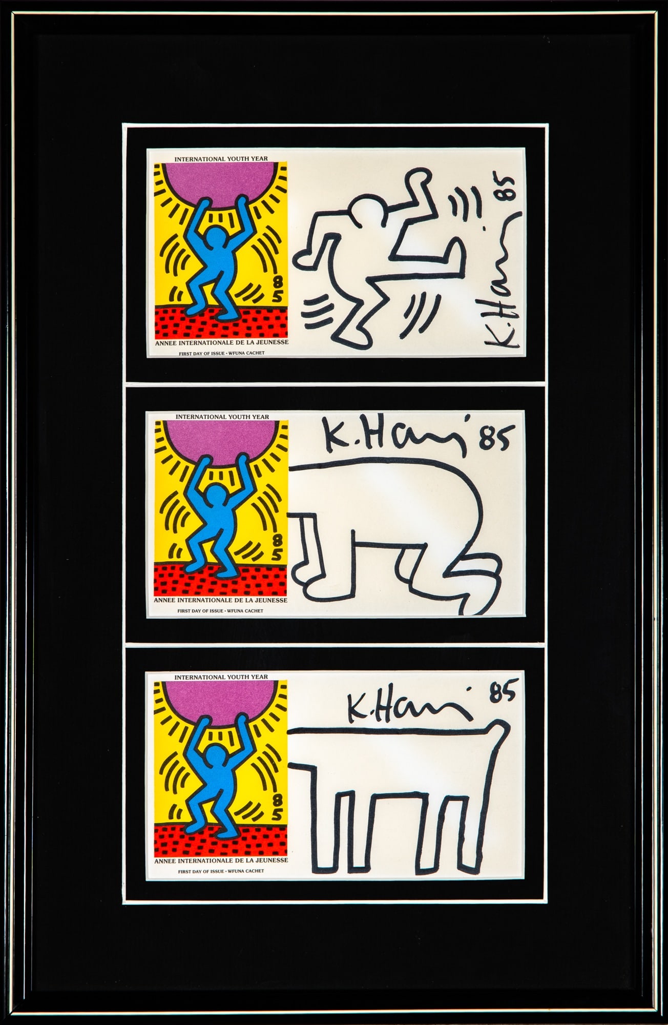 Keith Haring: American, 1958-1990 International Youth Day United Nations WFUNA, 1985 Each signed and dated K. Haring 85 (ur) Ink on envelope Sight of each 3 3/8 x 6 1/4 inches (8.6 x 15.9 cm) (Framed 17 x 11 1/4