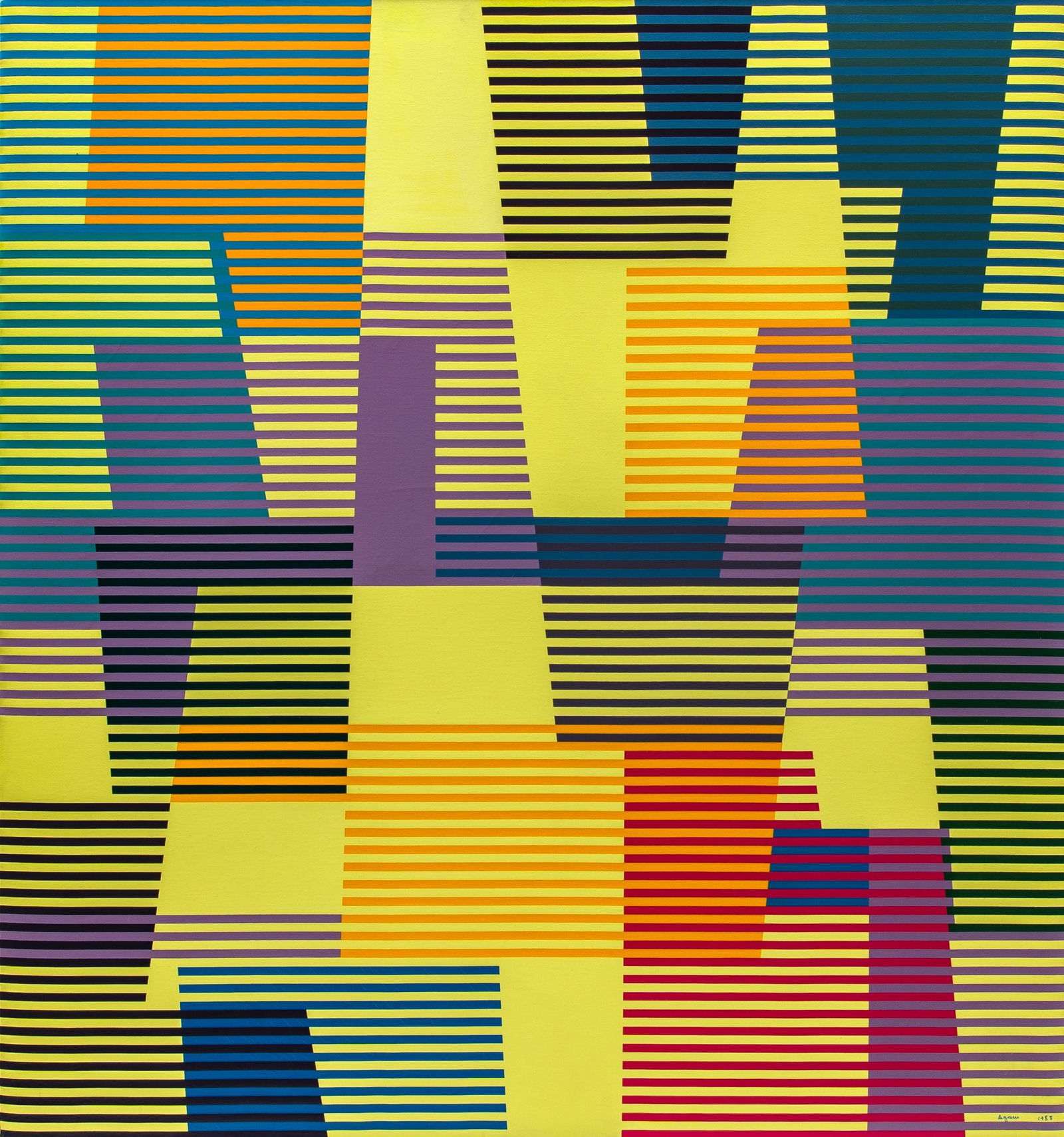 Yaacov Agam: Israeli, b. 1928 Untitled, 1988 Signed and dated Agam 1988 (lr); signed and dated Agam 1988 on the reverse Acrylic on canvas 39 3/4 x 37 inches (101 x 94 cm) Provenance: Sale, Matsart Auctioneers