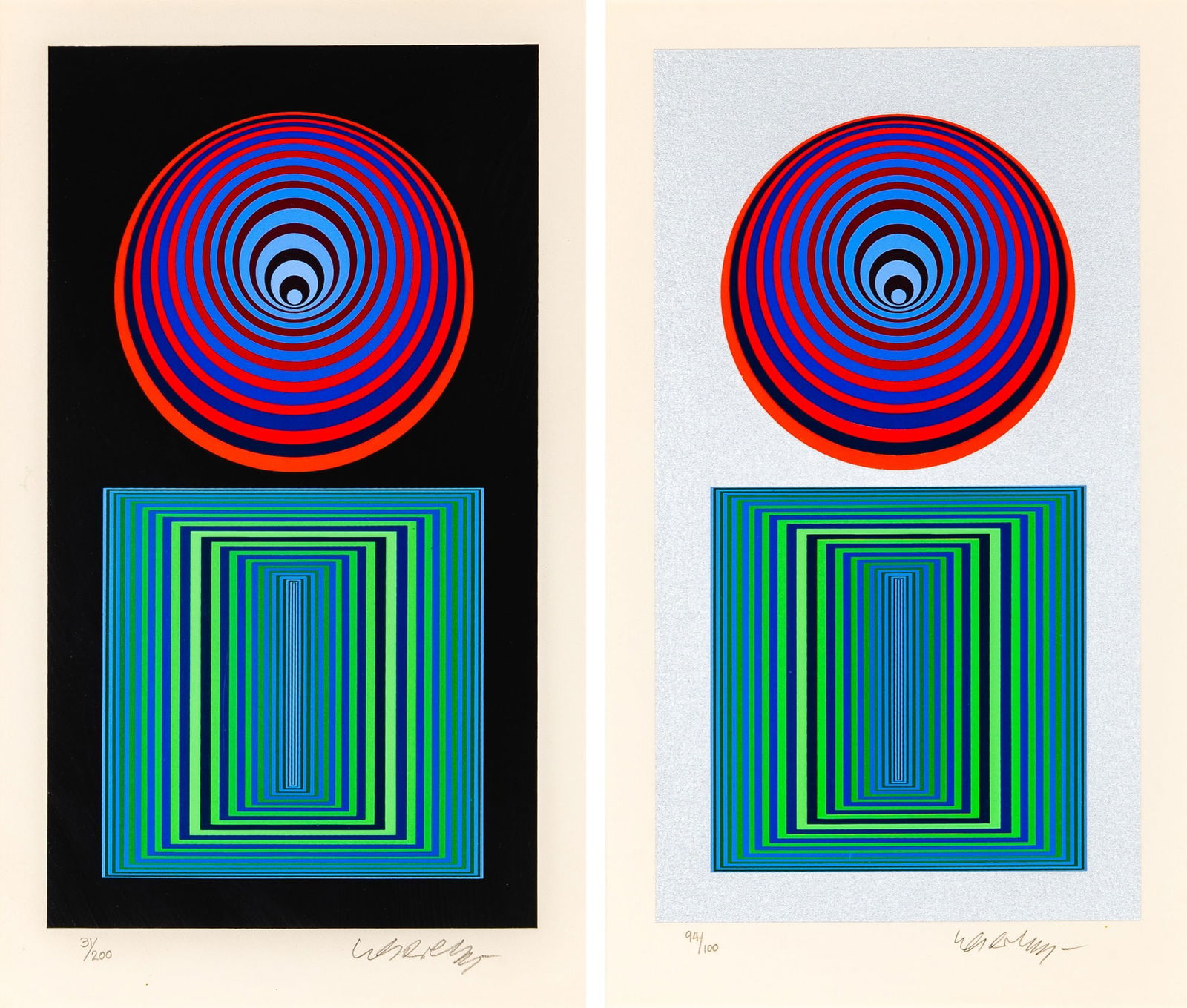VIctor Vasarely (1906-1997): OER OEK STATE I; OER OEK STATE II Two color screenprints, 1990, on wove paper, signed and numbered 31/100 and 94/100, respectively, in pencil, framed. Images approximately 11 1/2 x 6 1/2 inches (29.2