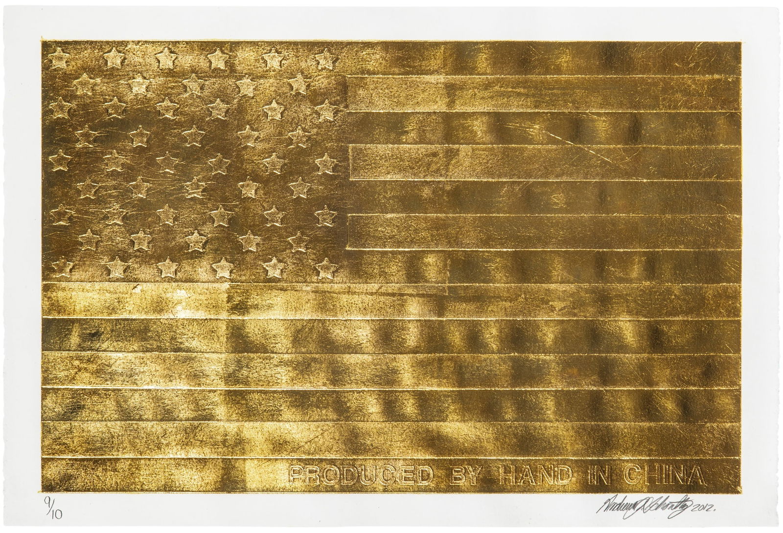 Andrew Schoultz (b. 1975): PRODUCED AND EXPORTED BY CHINA 24kt Gold leaf embossed paper, 2012, signed, dated and numbered 9/10 in pencil, with full margins, framed. Image 13 x 20 inches (33.0 x 50.8 cm) Sheet 14 7/8 x 22 1/4