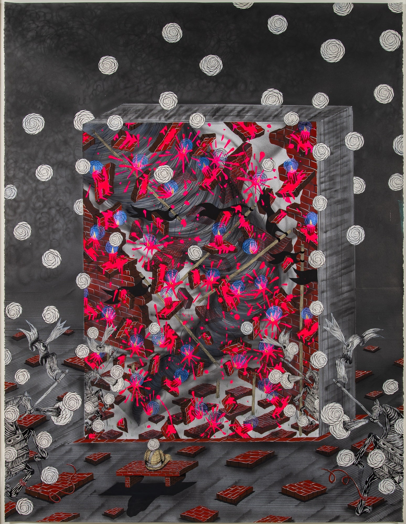 Andrew Schoultz: American, b. 1975 Destroyer Plaza, 2012 Ink, acrylic, and collage on paper 50 x 38 inches (127 x 96.5 cm) Provenance: Marx & Zavattero, San Francisco, California (Framed 54 3/4 x 43