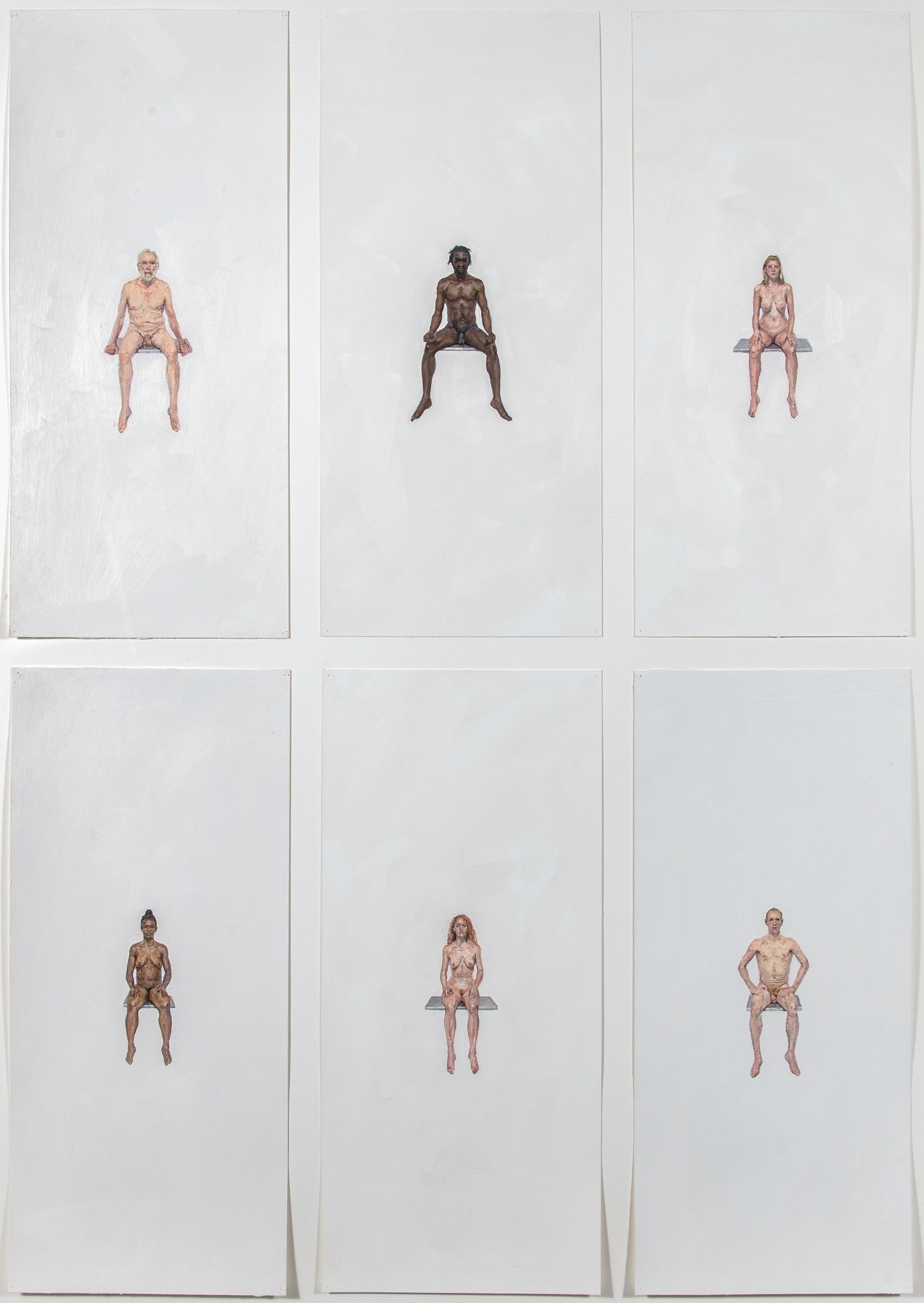 Clive Smith: British, b. 1969 Meeting Eric, Meeting Tyrone, Meeting Jessica, Meeting Pepper, Meeting Bonnie, Meeting Brian: Six Oil on gessoed handmade paper Each 29 x 13 inches (73.7 x 33 cm) Provenance: