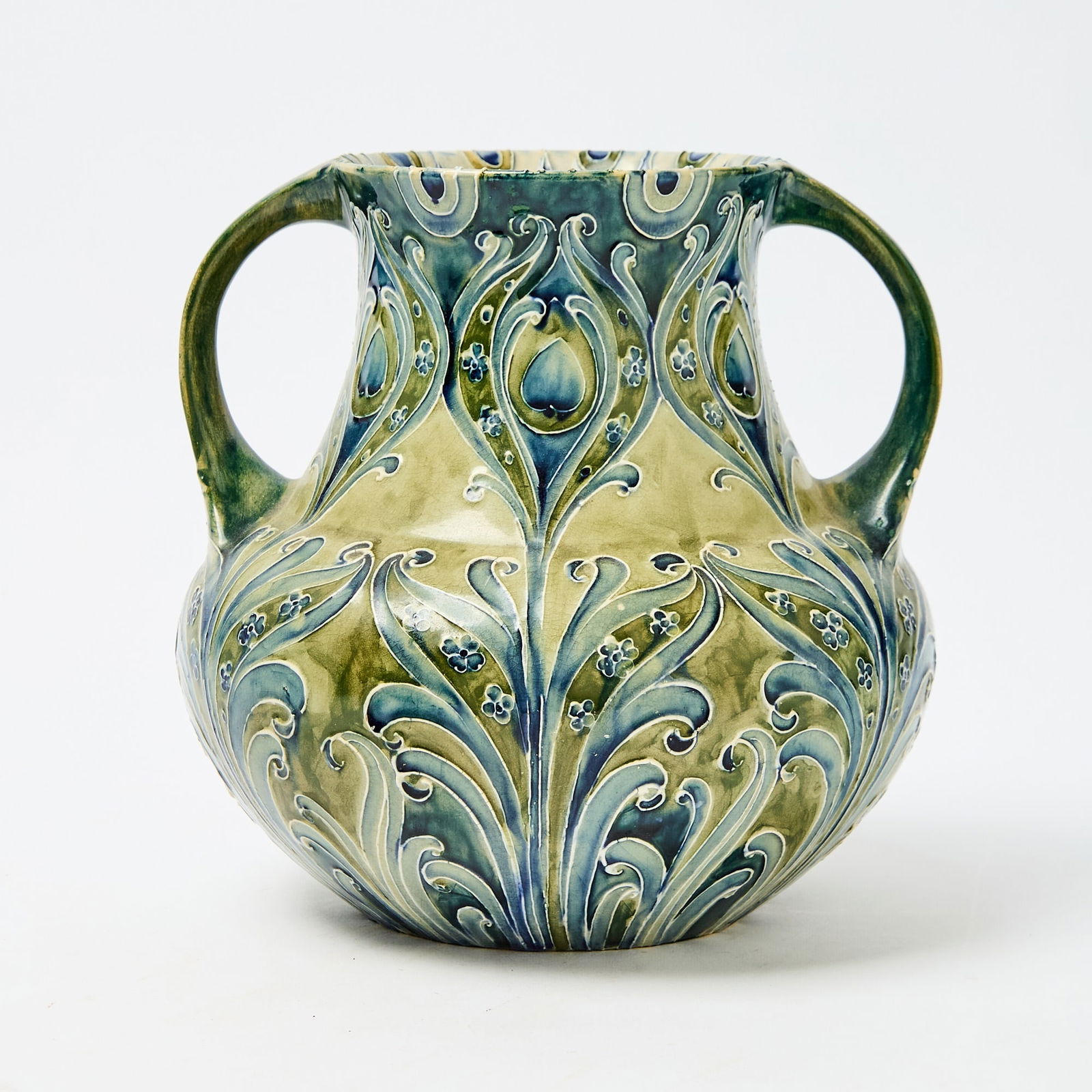 William Moorcroft Florian Ware Glazed Earthenware Twin-Handled "Peacock" Vase (1 of 6)