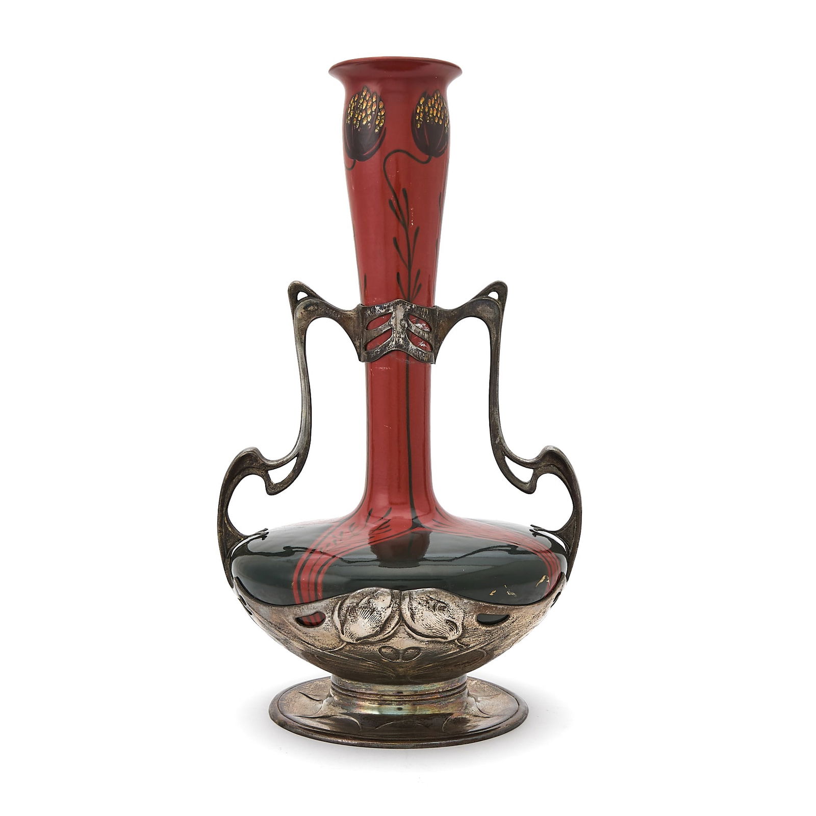 German Art Nouveau Pewter-Mounted Red and Black Painted Two-Handled Earthenware Vase: Walter Scherf & Co., Nuremberg, circa 1900Of flower form with a compressed body and flaring cylindrical neck, painted with stylized floral motifs, mounts attributed to Osiris, unmarked. Height 15