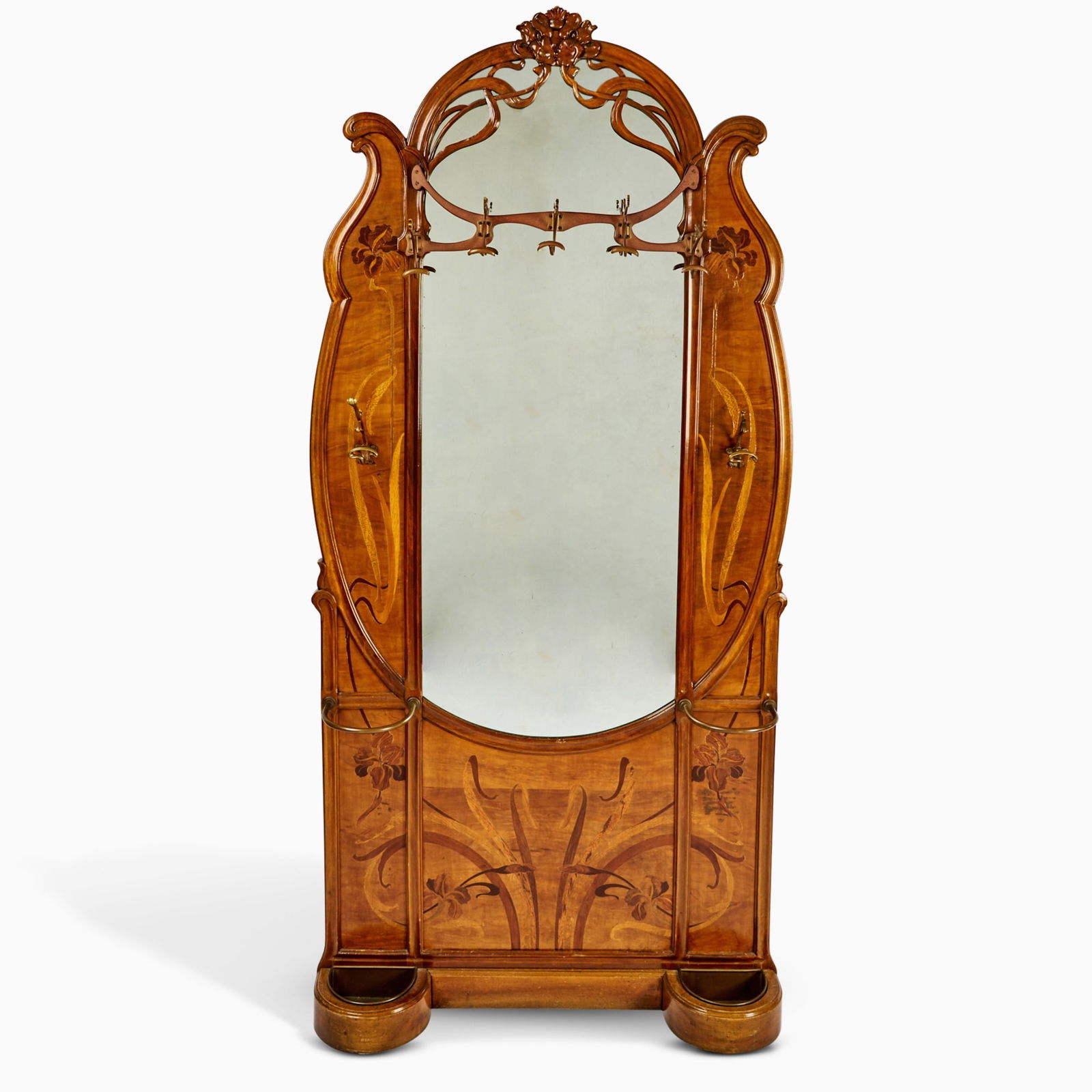 Art Nouveau Metal-Mounted Carved and Marquetry Inlaid Fruitwood Coat and Umbrella Stand (1 of 5)
