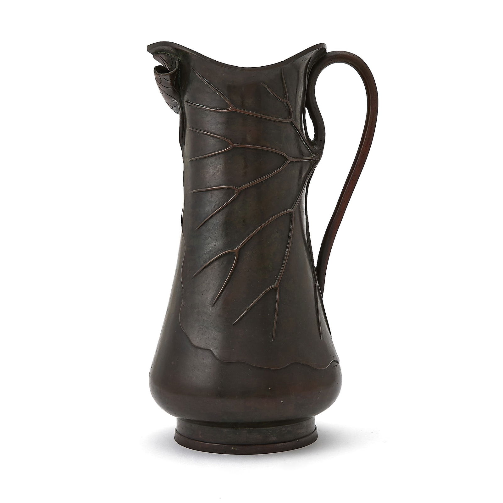 Art Nouveau Patinated Bronze ‘Lotus Leaf’ Pitcher: Possibly Japanese, 1st quarter 20th centuryHeight 14 1/2 inches.