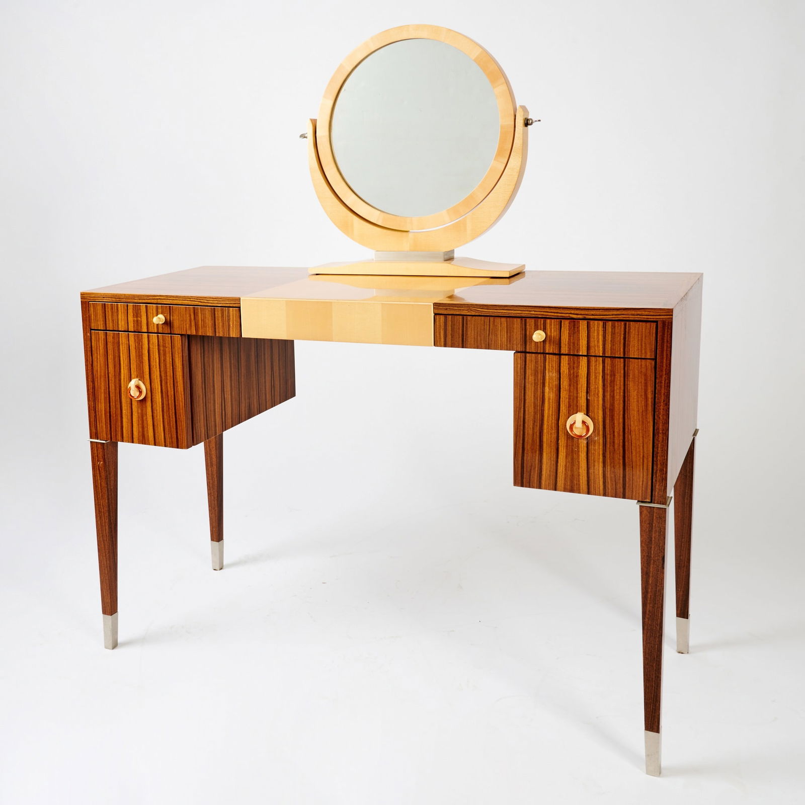 Art Deco Style Rosewood and Sycamore Dressing Table: Late 20th century Height of table 30 inches, length 42 inches, depth 16 inches.