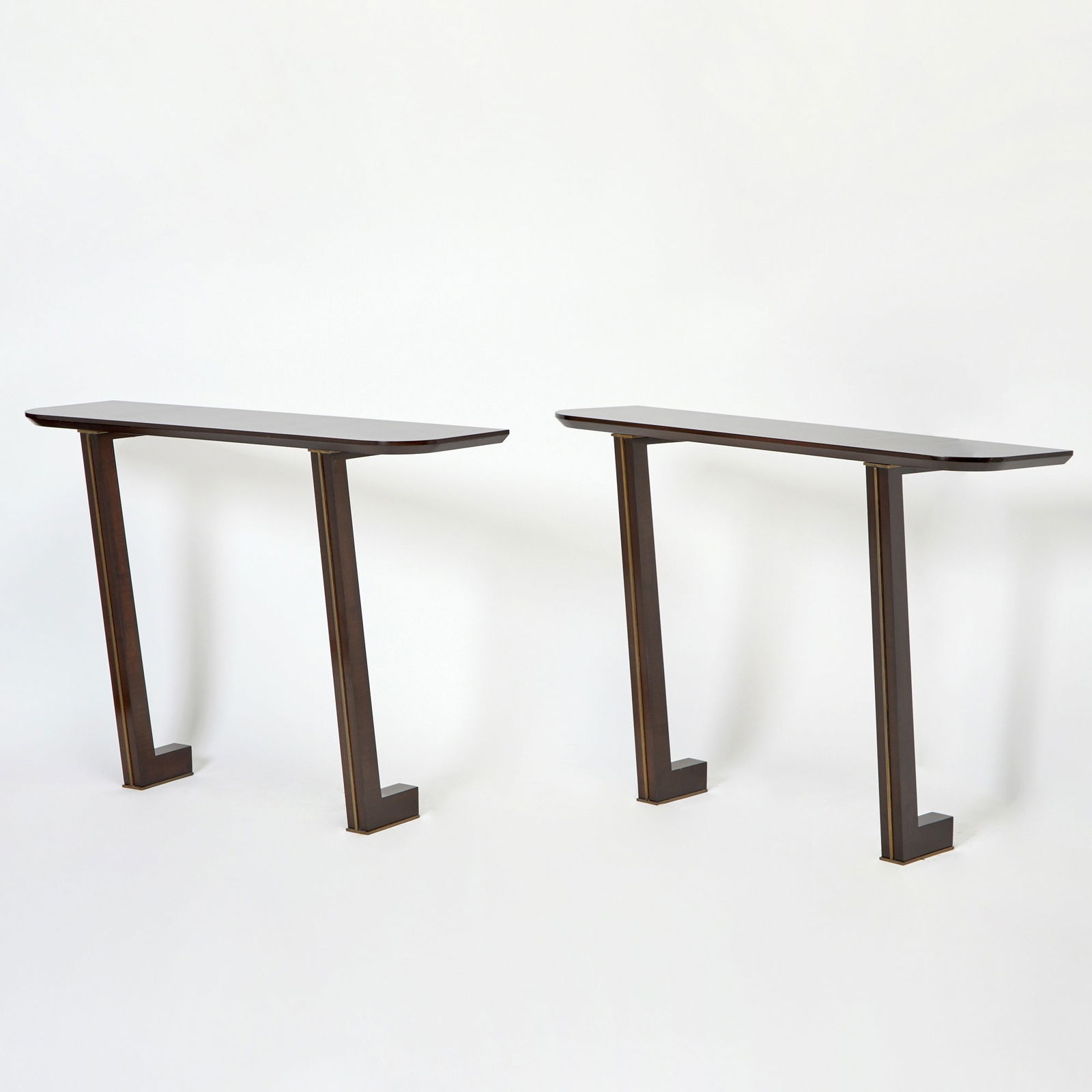 Pair of Art Deco Style Sycamore and Brass Wall Mounted Console Tables (1 of 6)