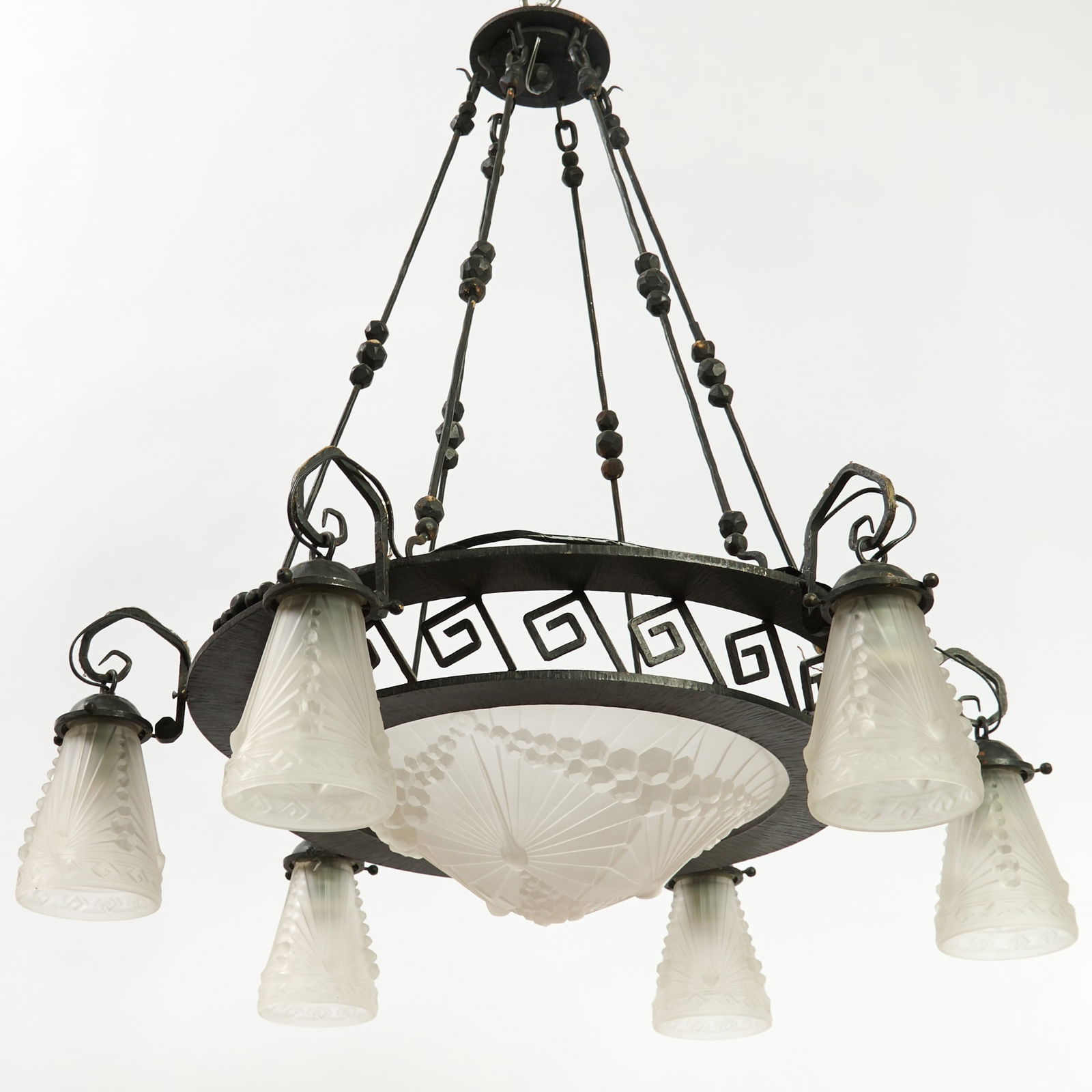 French Art Deco Wrought Iron and Molded Glass Seven-Light Chandelier (1 of 7)