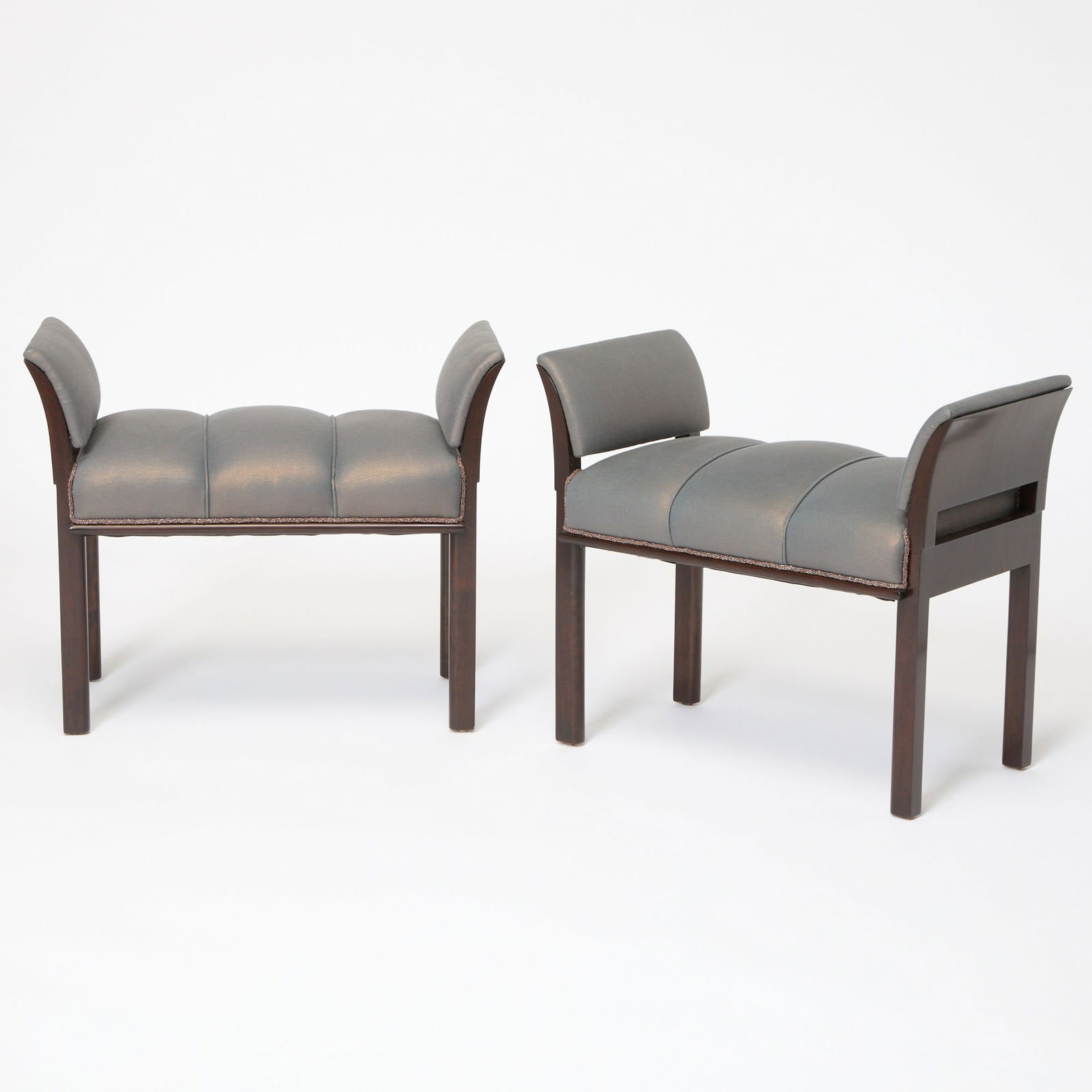 Pair of Eugene Schoen Upholstered Dark Stained Wood Benches (1 of 5)
