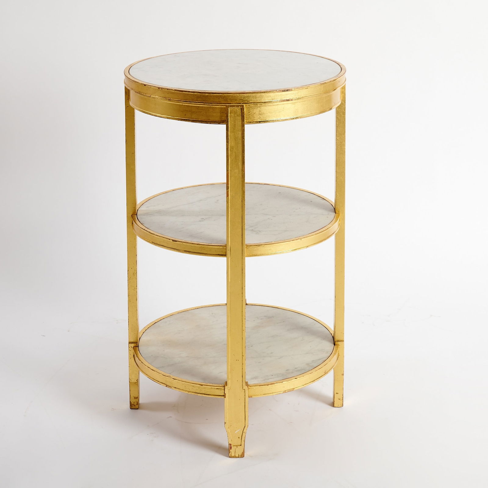 Jean-Michel Frank Style Giltwood and Marble Side Table: After a design for the Nelson Rockefeller apartment at 810 Fifth Avenue, 1939 Height 27 inches, diameter 17 1/2 inches. Provenance : Commissioned by Parish Hadley