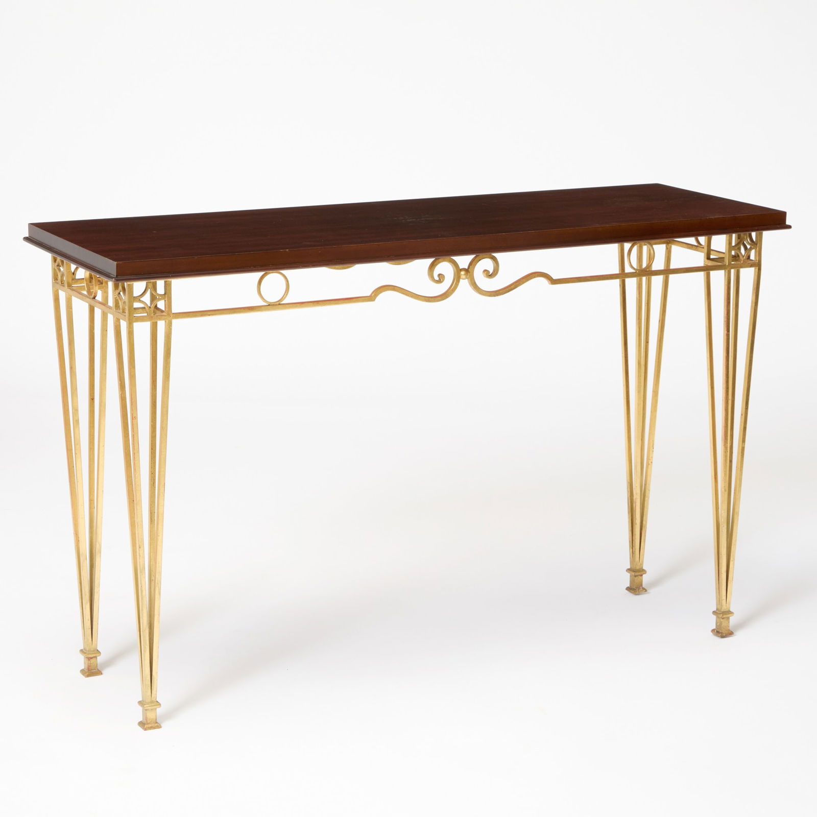 Art Moderne Gilt Iron and Mahogany Top Console (1 of 6)