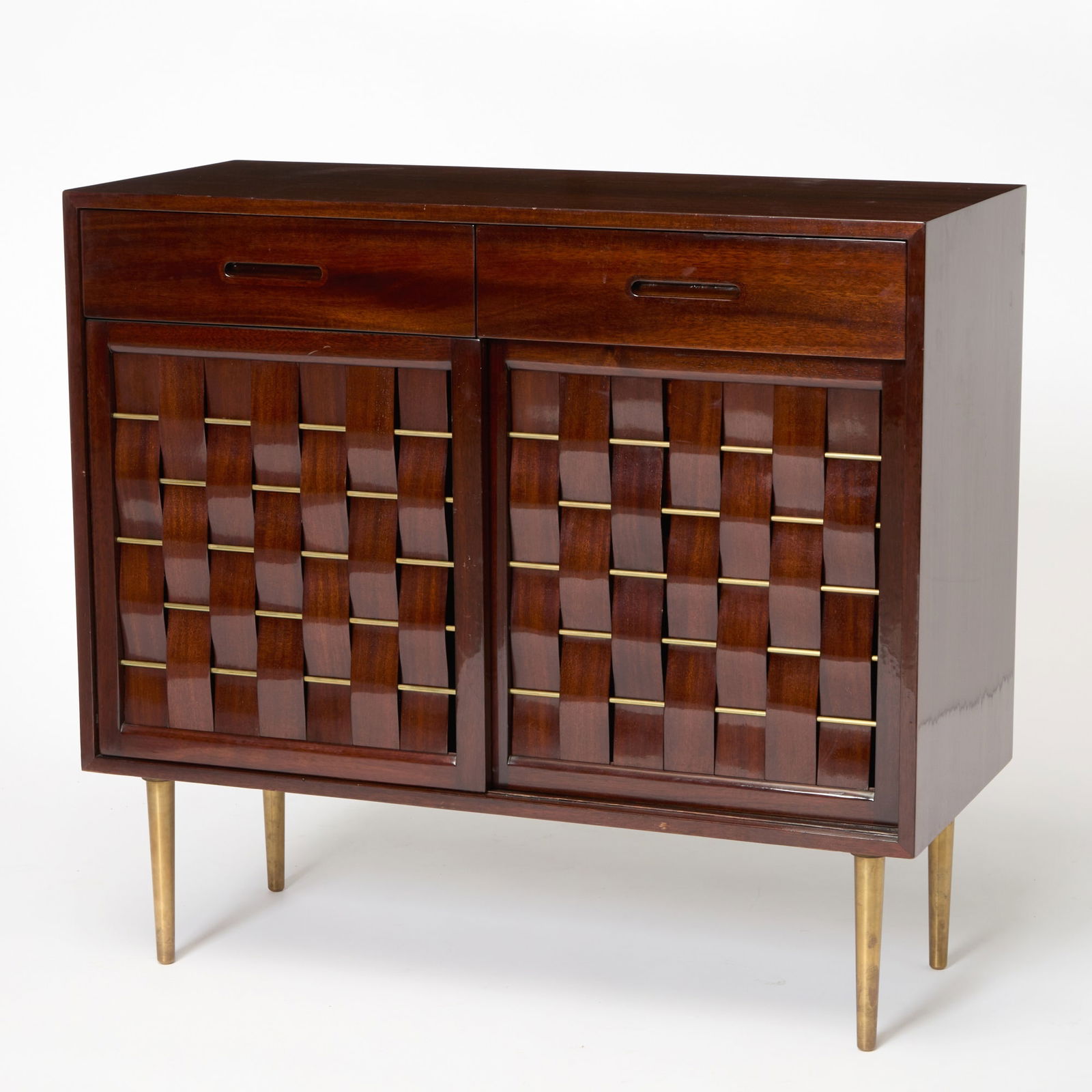 Edward Wormley for Dunbar Walnut and Brass "Woven" Cabinet: 1950s Height 37 3/4 inches, width 41 1/2 inches, depth 18 inches.