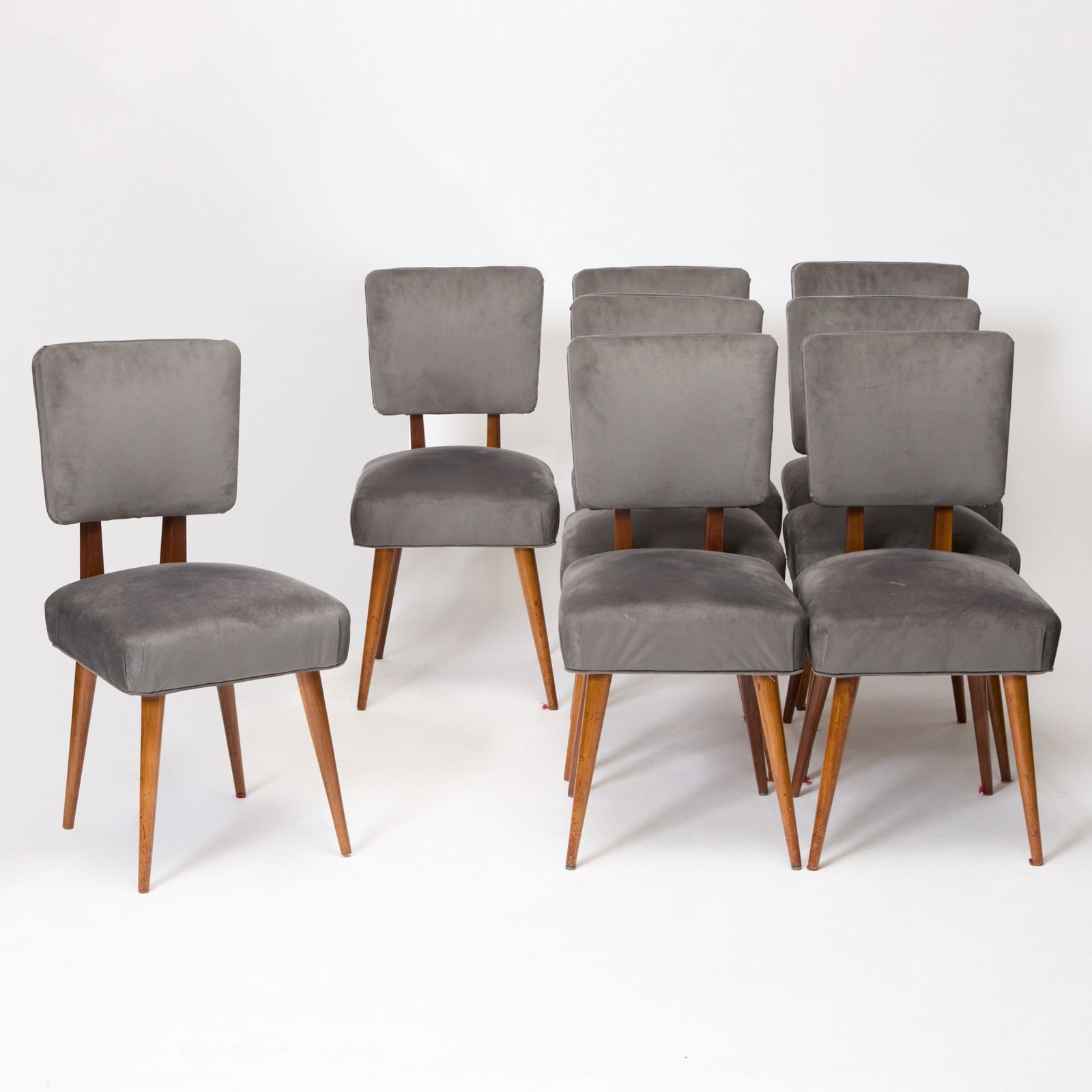 Set of Eight Italian Upholstered Mahogany Dining Chairs: Mid 20th centuryHeight of back 35 inches, height of seat 17 1/2 inches, width 17 inches, depth 17 inches. 