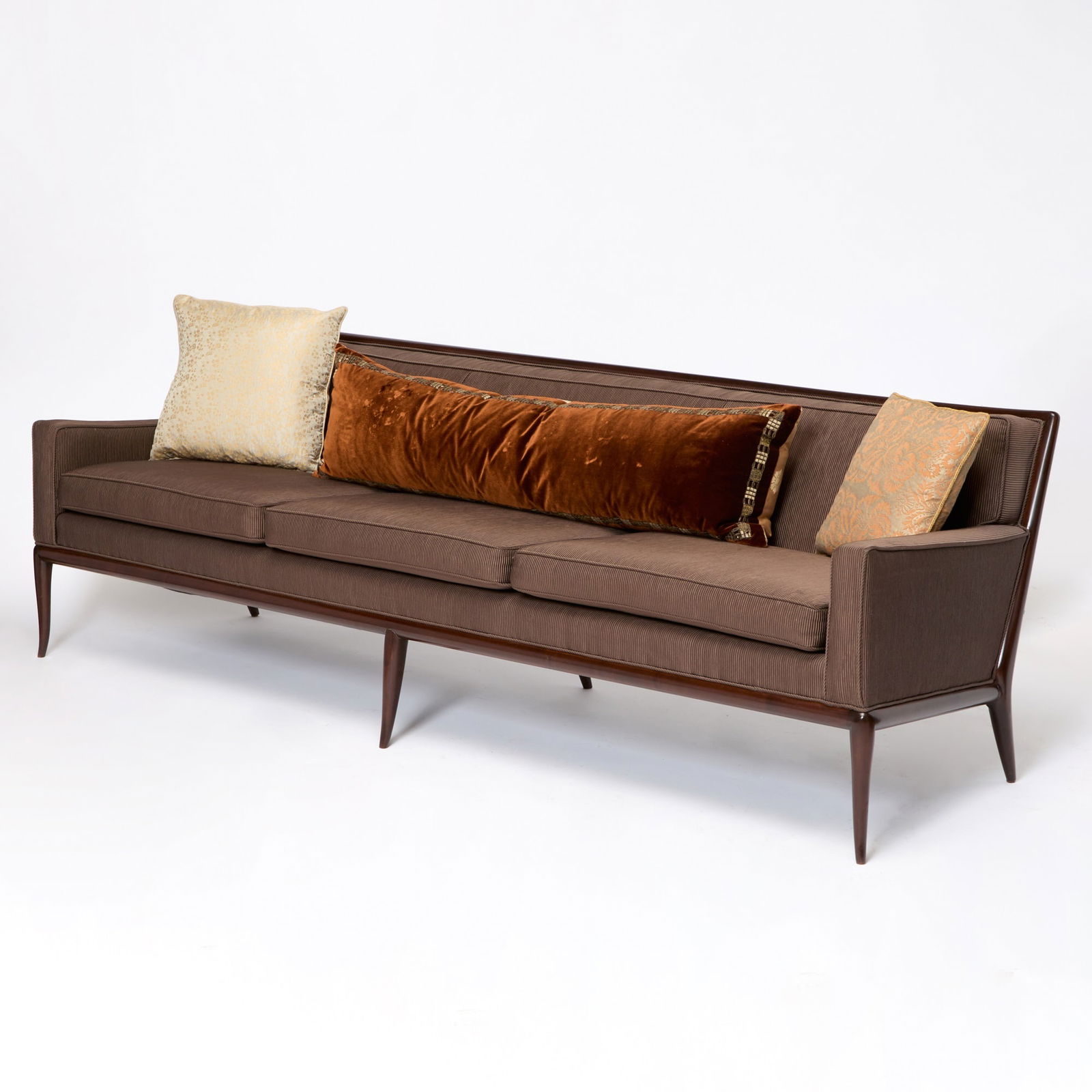 T.H. Robsjohn-Gibbings Upholstered Dark Stained Wood Loose Cushion Sofa (1 of 5)