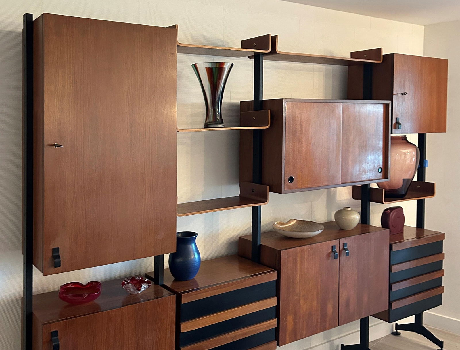 Italian Mahogany and Metal Modular Wall Unit (1 of 1)