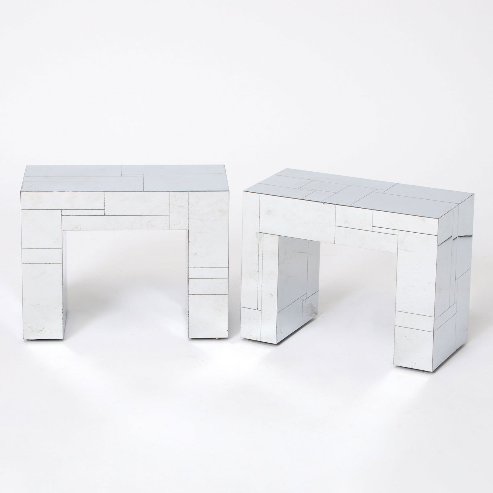 Pair of Paul Evans Cityscape Side Tables: 1970s Height 15 1/2 inches, width 20 1/8 inches, depth 10 inches.
