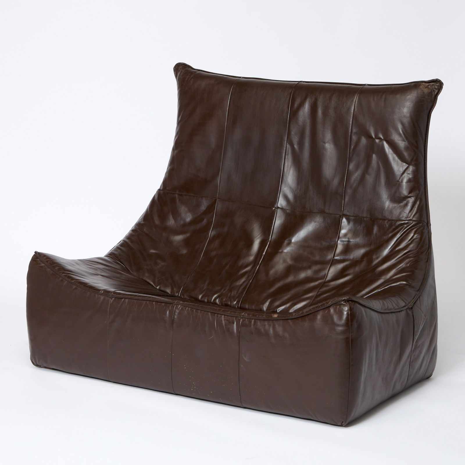 Gerard van den Berg Leather over Foam “The Rock” Love Seat: 1970s Height of back 44 1/4 inches, height of seat 17 1/4 inches, width 54 inches, depth 32 inches.