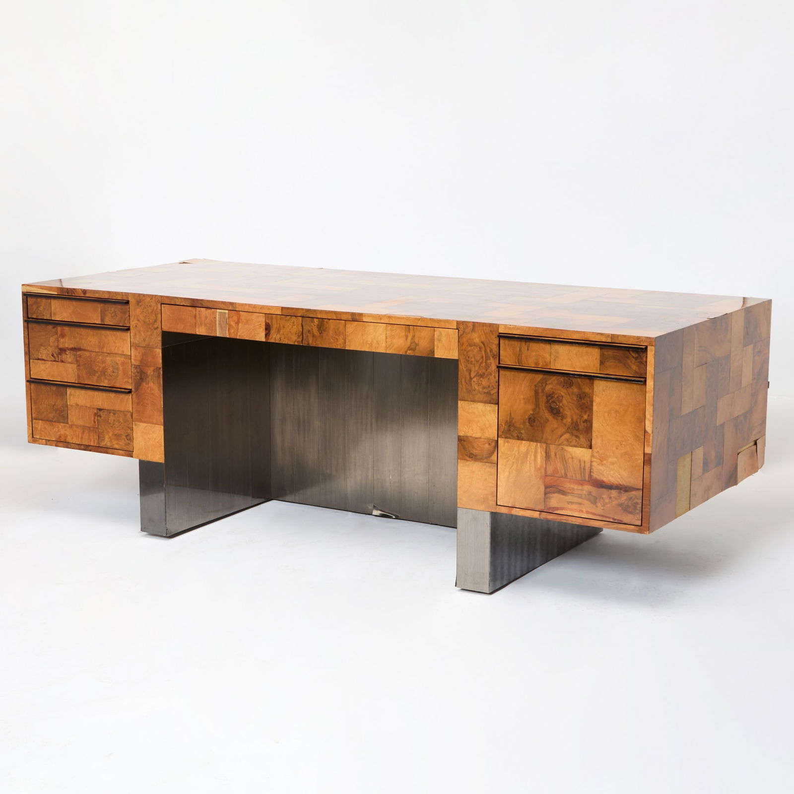 Burlwood and Metal Pedestal Desk (1 of 6)