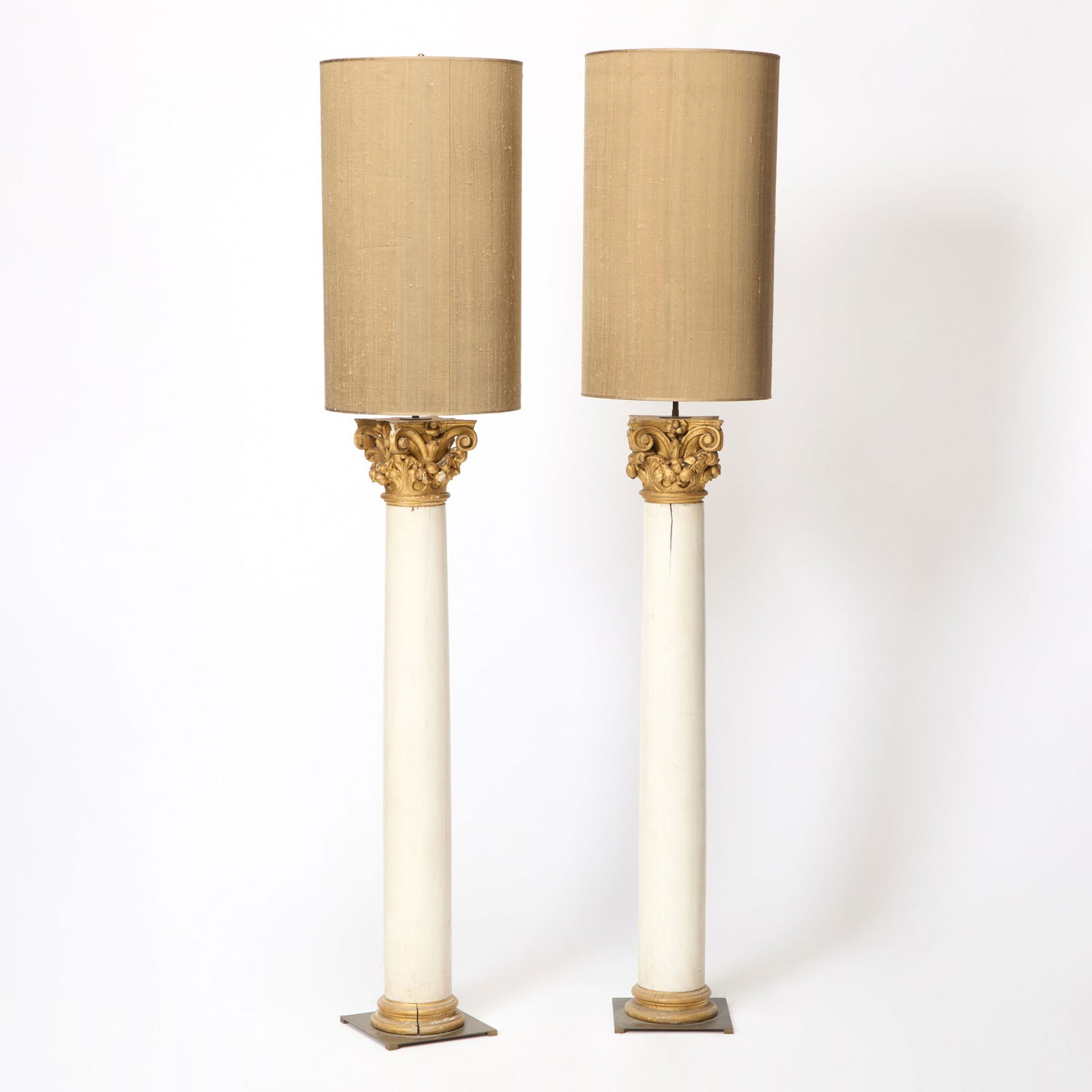 Pair of Carved and Painted Wood Columnar Floor Lamps: Height of base 50 3/4 inches.
