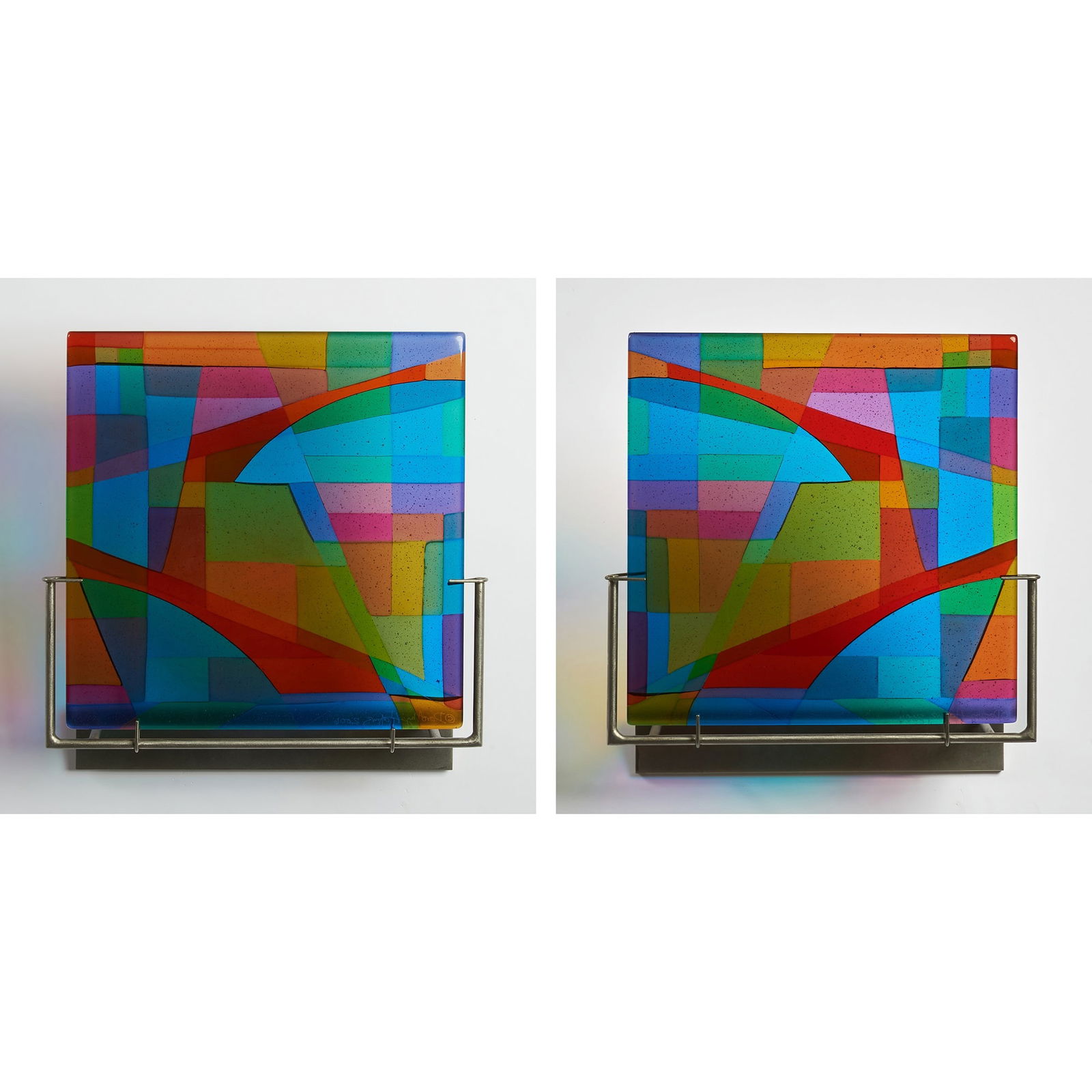 Two Dorothy Hafner Multi-Layer Fused Glass Wall-Mounted Plaques From the Spectral Splendor Series: From the Spectral Splendor series, 2006 Each glass panel engraved Dorothy Hafner with the "C" copyright symbol and dated, 14 1/2 inches square; with two steel wall