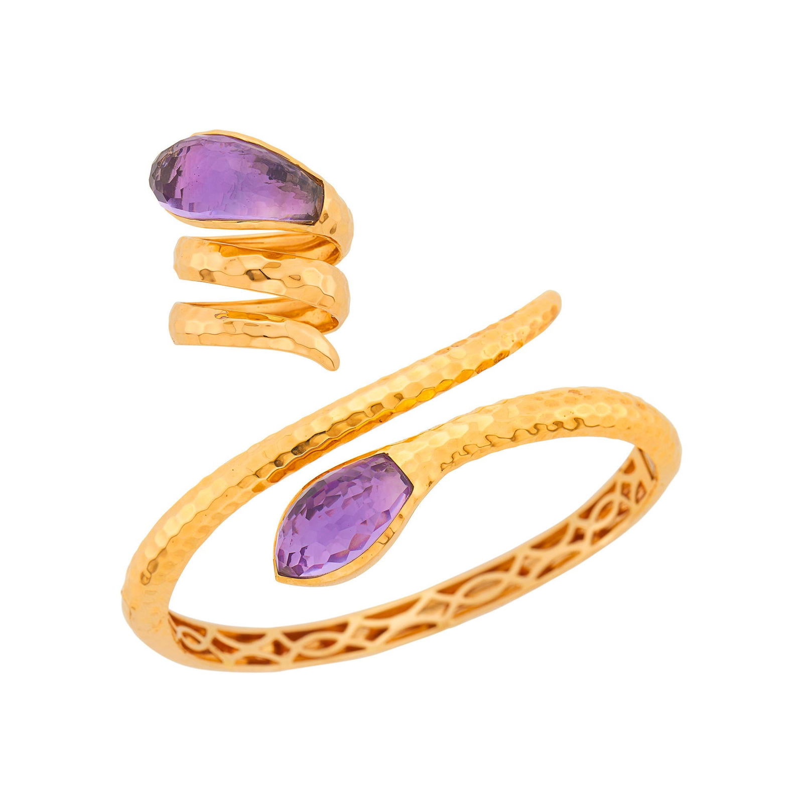 Roberto Coin Hammered Gold and Amethyst Snake Bangle Bracelet and Ring: 18 kt., 2 pear-shaped rose-cut faceted domed amethysts, bangle signed Roberto Coin, with ruby maker's mark, ring signed RC, ap. 26 dwts. Inner cir. 6 3/4 inches. Size 6 1/4. Amethysts: medium pastel
