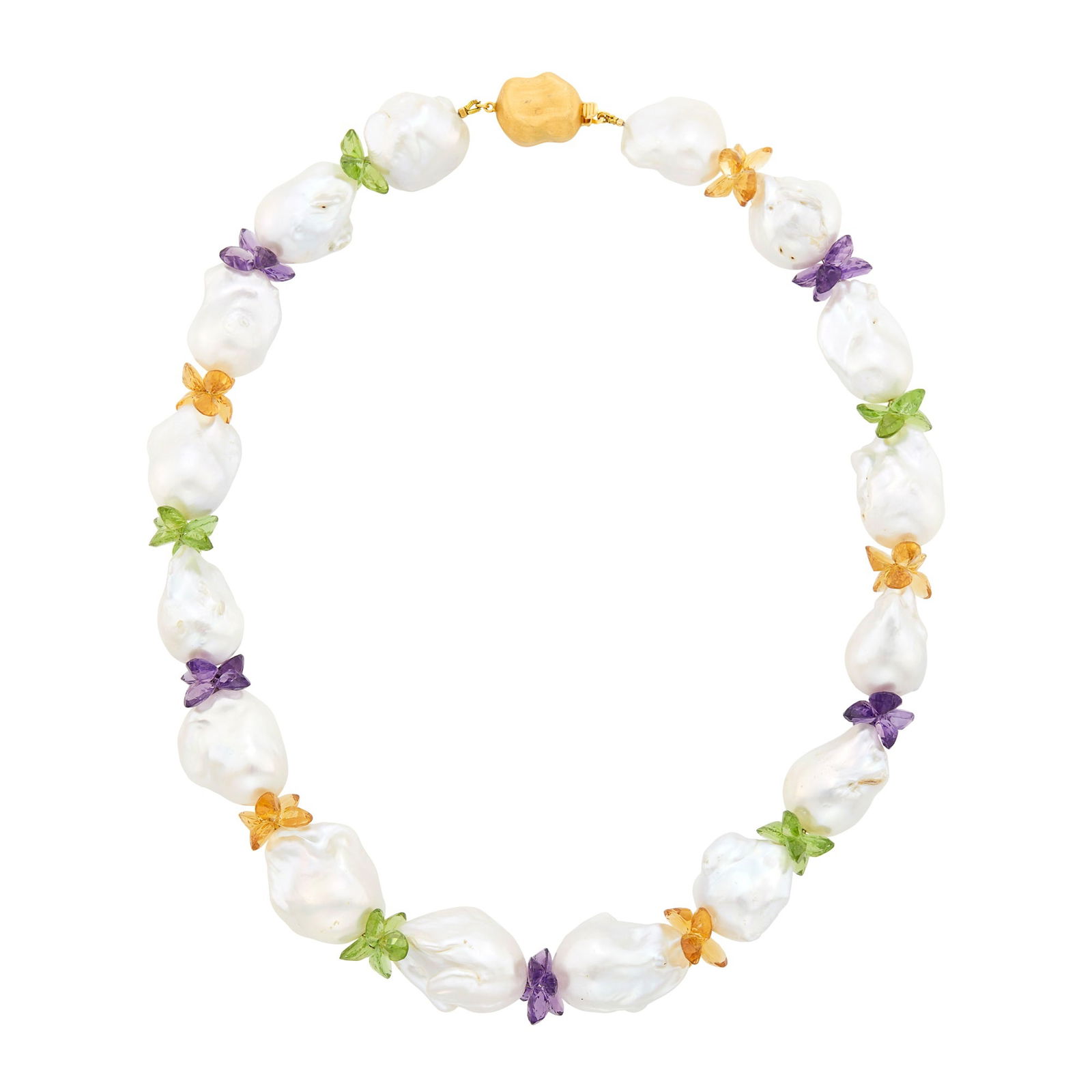 Baroque South Sea Cultured Pearl, Amethyst, Citrine and Peridot Necklace with Gold Clasp: 18 kt., 16 baroque pearls ap. 29.0 x 23.0 to 21.0 x 21.0 mm., fifteen clusters of oval peridots, citrines and amethysts, brushed peanut-shaped clasp. Length 20 1/2 inches. Pearls: white with rose and