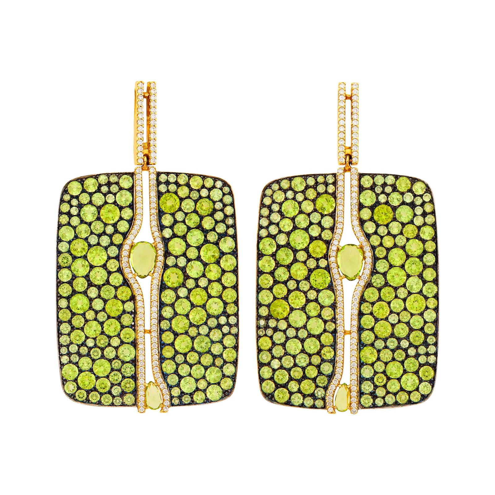Pair of Tricolor Gold, Peridot and Diamond Pendant-Earrings: 18 kt. yellow, blackened and white gold, 2 rose-cut pear-shaped peridots, small round diamonds, round peridots, with maker's mark, ap. 21.8 dwts. Peridots
