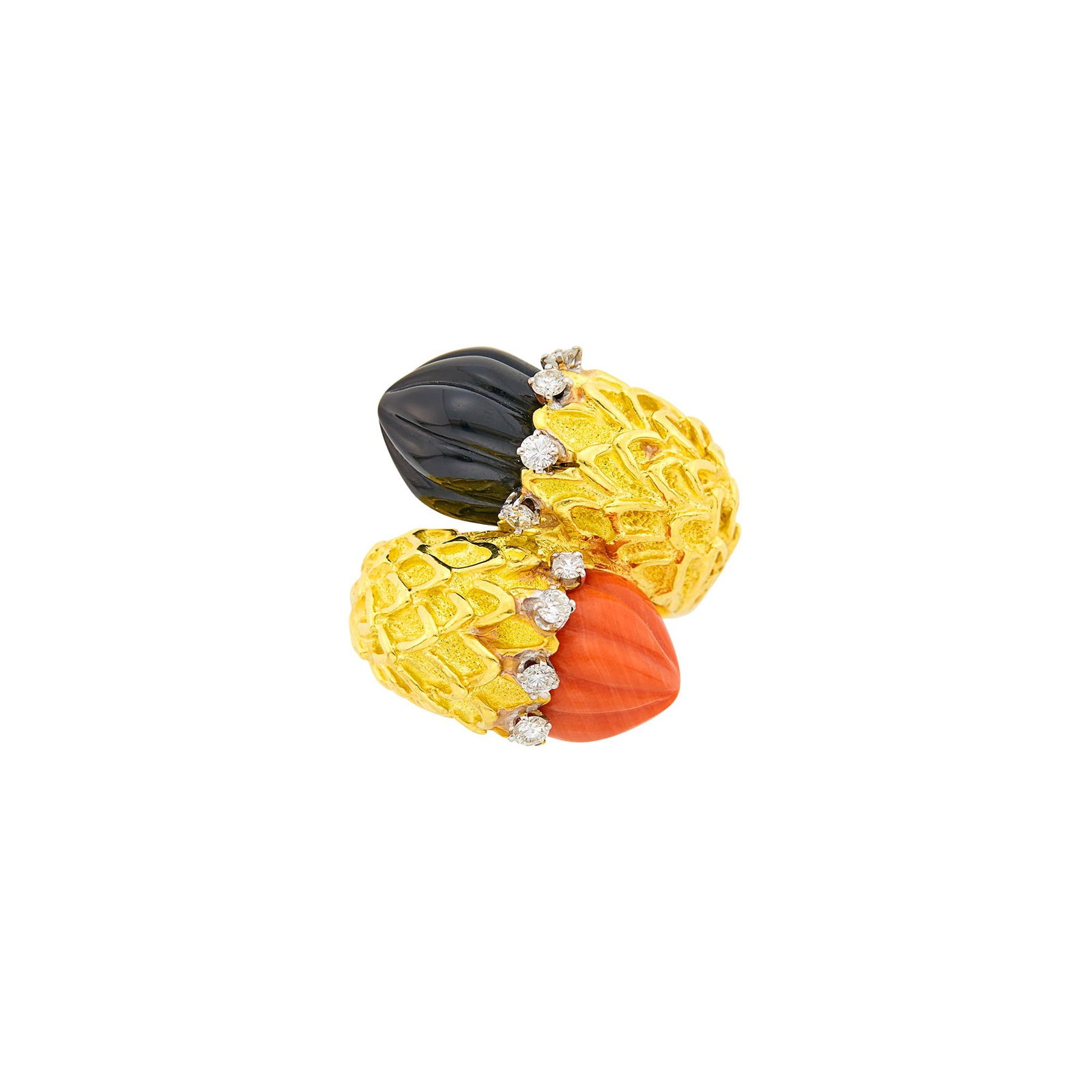 Gold, Carved Black Onyx and Coral and Diamond Crossover Ring: 18 kt., fluted modified pear-shaped black onyx and coral, 8 round diamonds ap. .50 ct., ap. 16 dwts. gross. Size 7. Coral: medium deep pinkish orange, good luster. Diamonds: H-I-VS-SI. Width 1 1/8 in