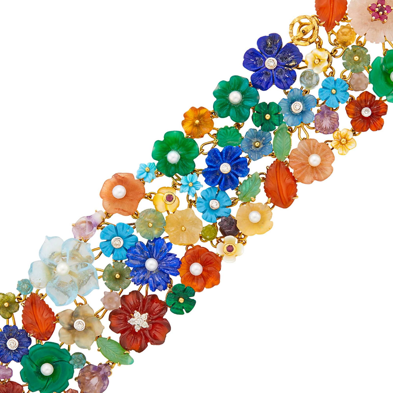 Wide Two-Color Gold, Carved Stone, Cultured Pearl, Ruby and Diamond Bracelet: 18 kt. yellow and white gold, carved florets of turquoise, malachite, lapis, carnelian, aquamarine, tourmaline, pink tourmaline, rose quartz, amethyst, yellow mother-of-pearl, colored glass, small rou