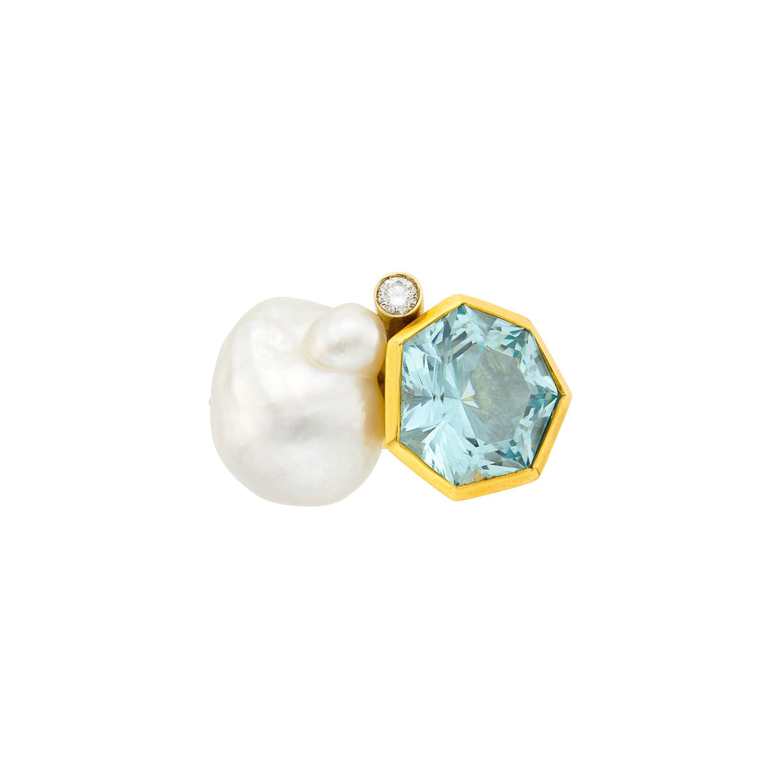Helen Yarmak Gold, Aquamarine, Baroque South Sea Cultured Pearl and Diamond Ring: 18 kt., one fancy-shaped seven-sided aquamarine ap. 16.8 x 16.0 mm., one baroque pearl ap. 20.4 x 21.0 mm., 12 round diamonds ap. .40 ct., with maker's mark, approximately 25.7 dwts. gross. Size 8 3/4