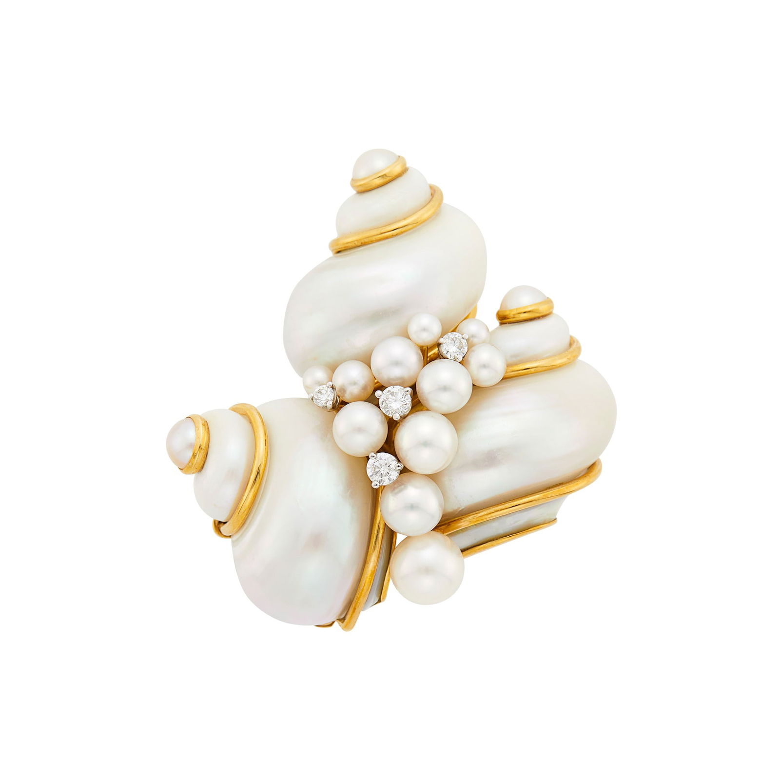 Seaman Schepps Gold, Shell, Cultured and Split Pearl and Diamond Clip-Brooch: 18 kt., three shells, 11 pearls ap. 7.0 to 3.0 mm., 3 split pearls, 4 round diamonds ap. .35 ct., signed Seaman Schepps, no. 18178, with maker's mark, ap. 21 dwts. gross. Shells: white with strong
