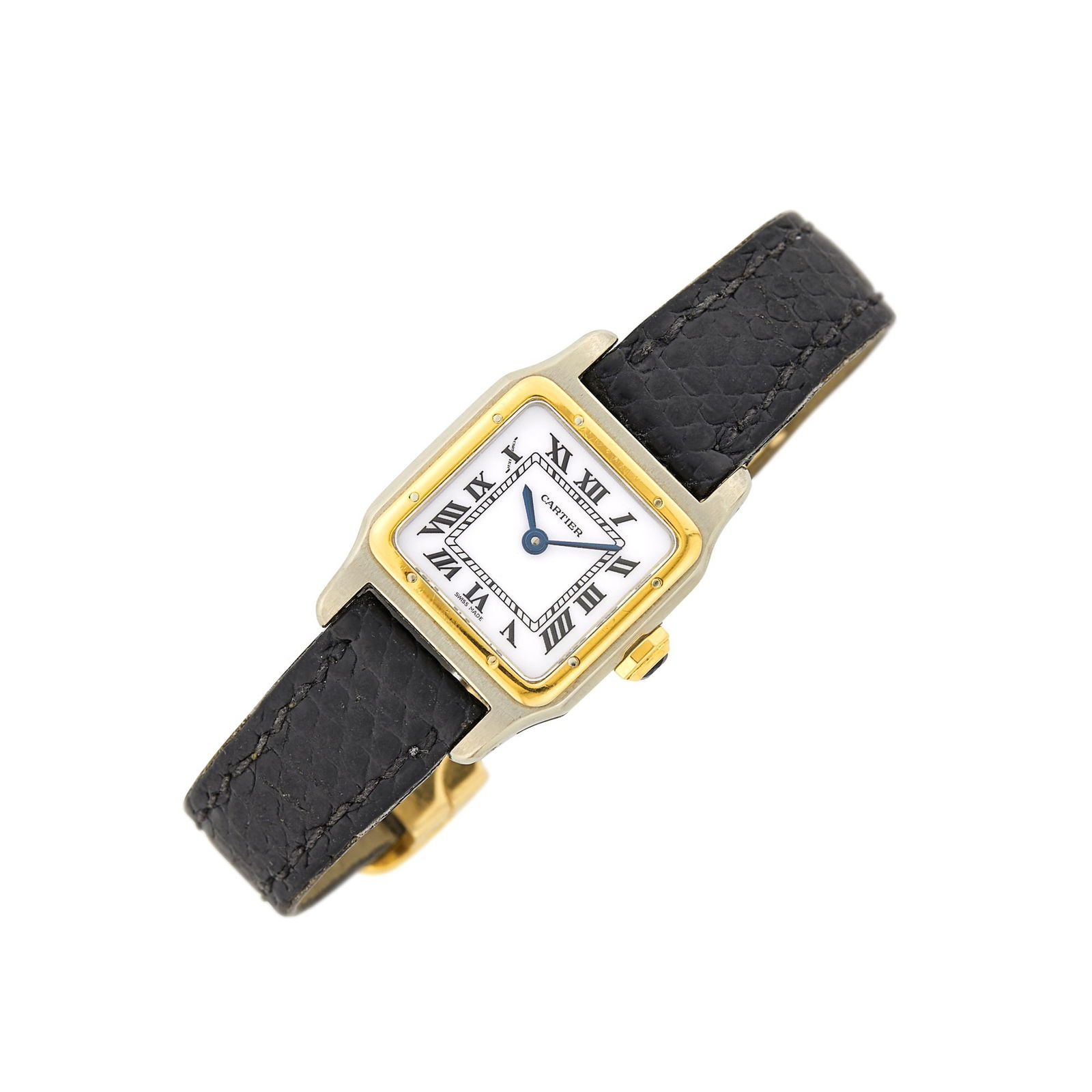 Cartier Two-Color Gold 'Santos Dumont' Wristwatch, Ref. 78225: 18 kt. gold and white gold, mechanical, square white porcelain dial, black Roman numerals, inner track indicator, round sapphire crown, glass crystal, yellow gold screw-down bezel, white gold case,