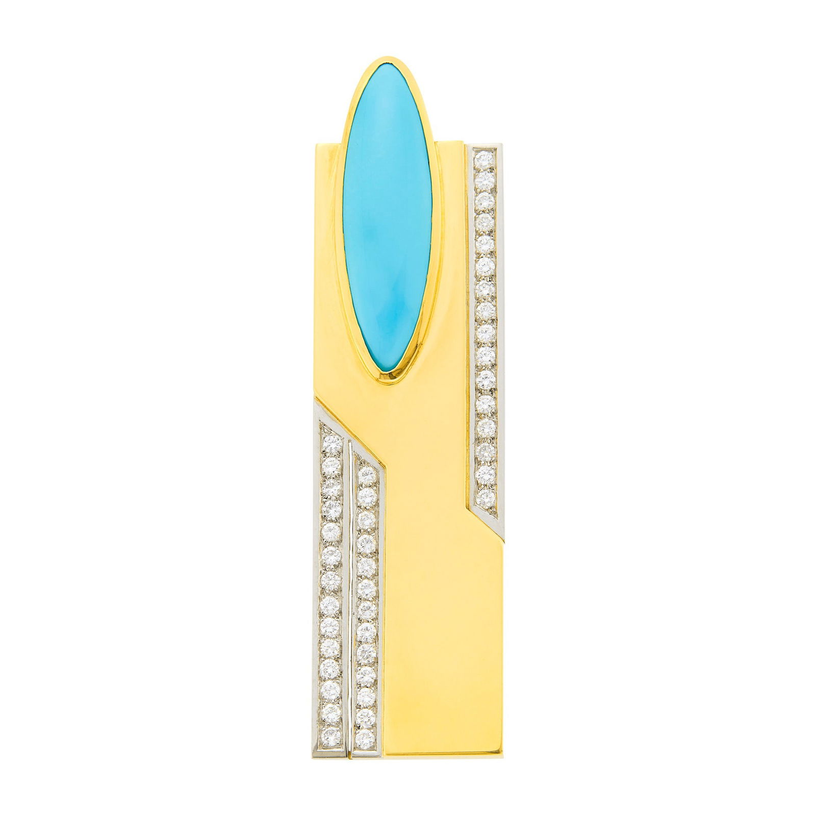 Gold, Platinum, Turquoise and Diamond Brooch, France: 18 kt., one marquise-shaped turquoise ap. 34.0 x 10.0 x 4.3 mm., 43 round diamonds ap. 1.60 cts., with French assay marks, ap. 20 dwts. Turquoise: medium turquoise blue, some white rock matrix on