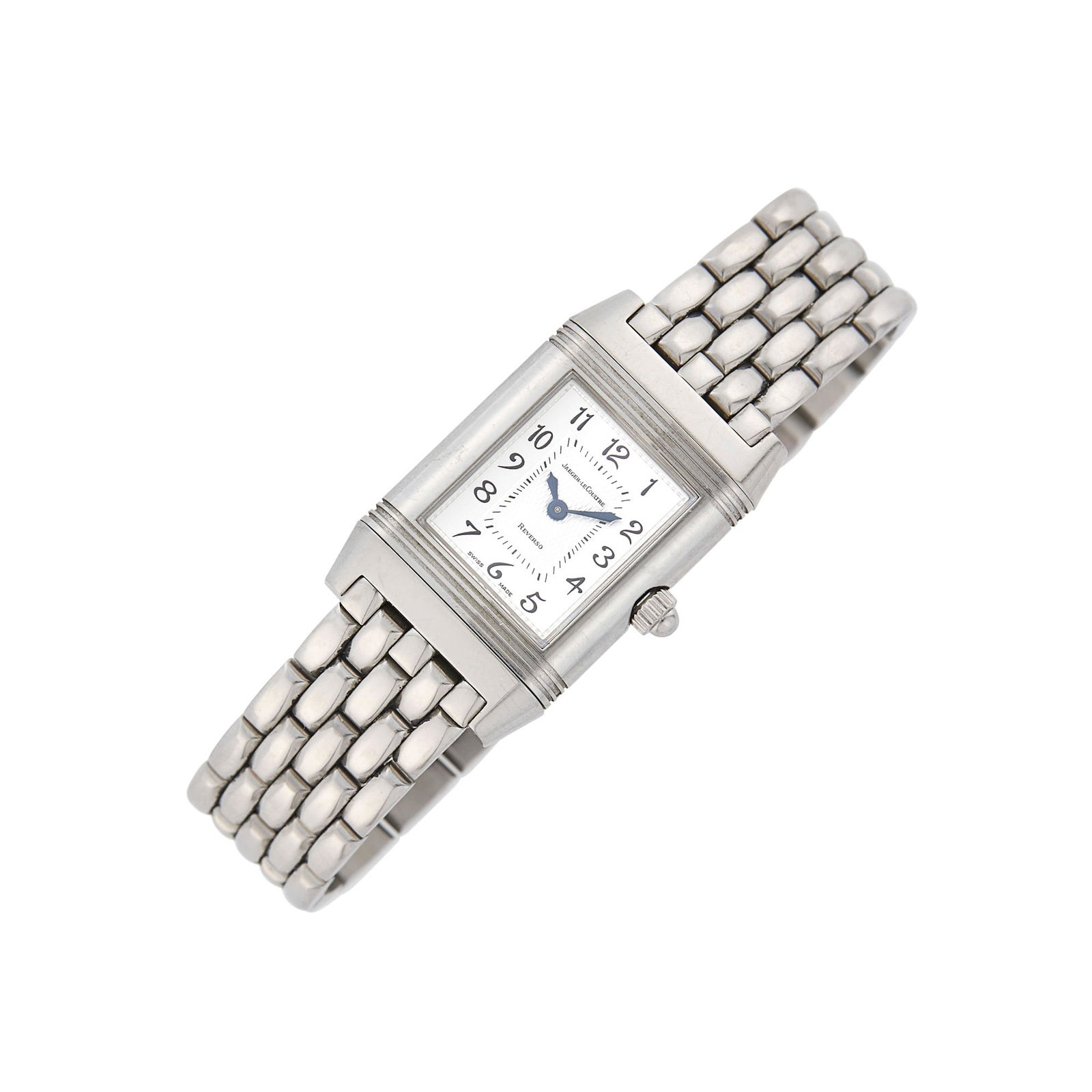 Jaeger LeCoultre Stainless Steel, Mother-of-Pearl and Diamond 'Reverso Classic Duetto' Wristwatch,: Mechanical, round numberless mother-of-pearl dial, rose gold-tone hands and bezel within rectangular brushed and stippled silver-tone frame,, reverse dial with Arabic numerals and engine-turned