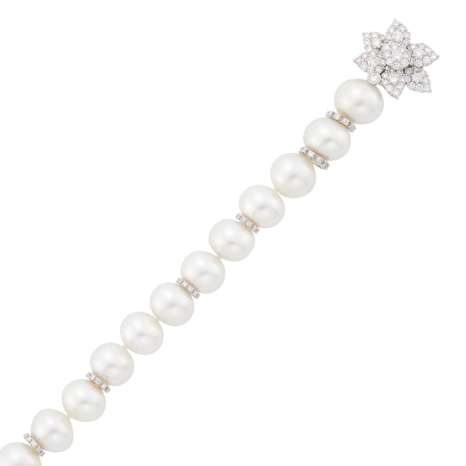 White Gold, South Sea Cultured Pearl and Diamond Bracelet: 15 pearls ap. 14.0 to 12.8 mm., eight circle links of 84 round diamonds ap. 1.65 cts., 64 round diamonds ap. 3.00 cts., clasp ap. 10 dwts. Length 6 3/4 inches. Tests as 14 kt.Pearls: white with rose