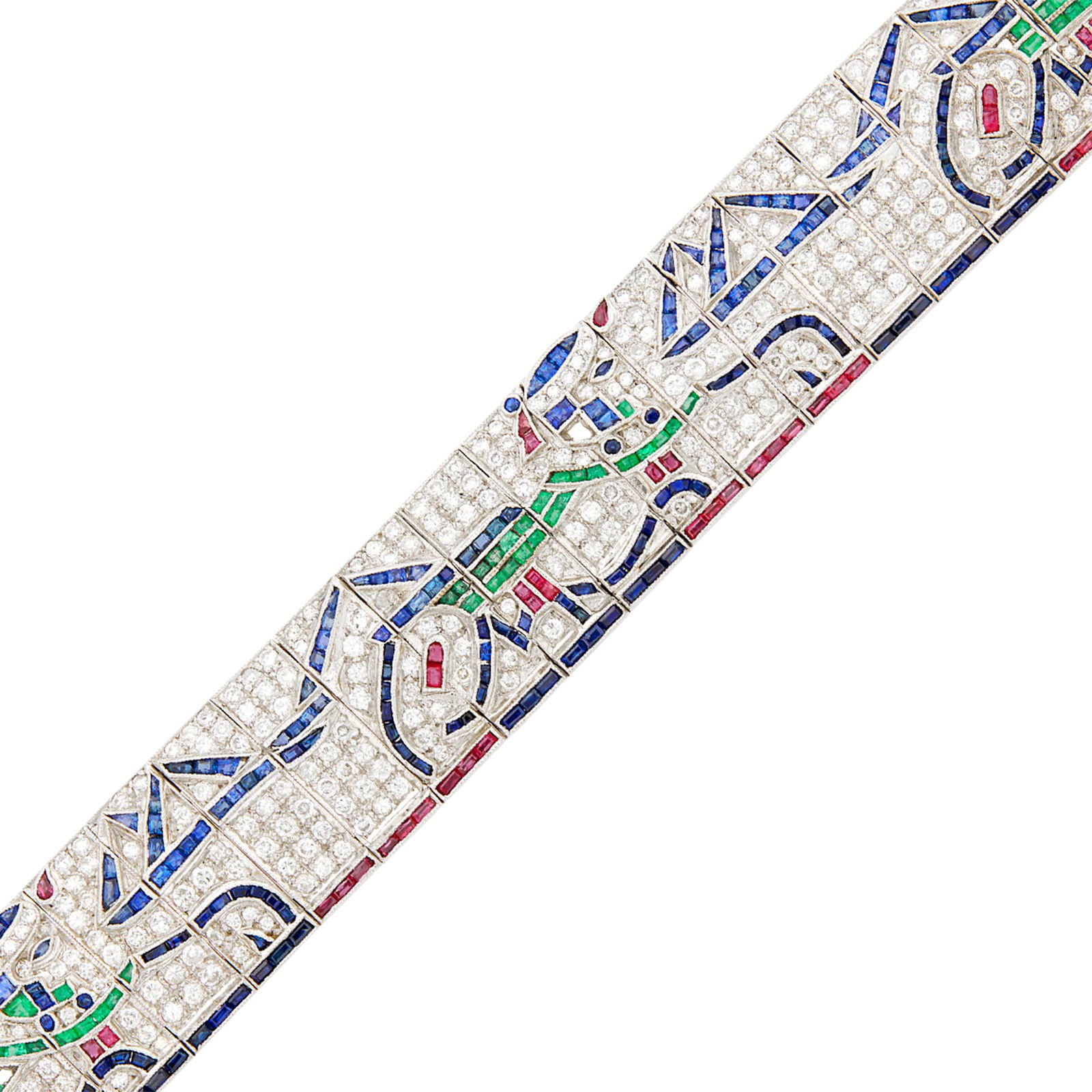 Platinum Diamond and Gem-Set Bracelet: Small round diamonds ap. 5.75 cts., small square, rectangular and fancy-shaped rubies, sapphires and emeralds, several emeralds missing, ap. 35.4 dwts. Length 6 1/2 inches. Diamonds: