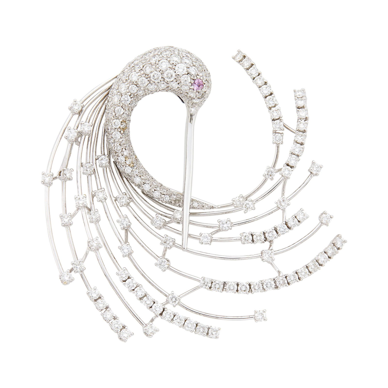 White Gold, Diamond and Pink Sapphire Bird Clip-Brooch: 18 kt., 84 round diamonds ap. 3.40 cts., small round diamonds ap. 4.25 cts., one round pink sapphire eye, ap. 17.8 dwts. Diamonds: H-I-several J-VS, several SI.2 3/8 x 2 1/2 inches.