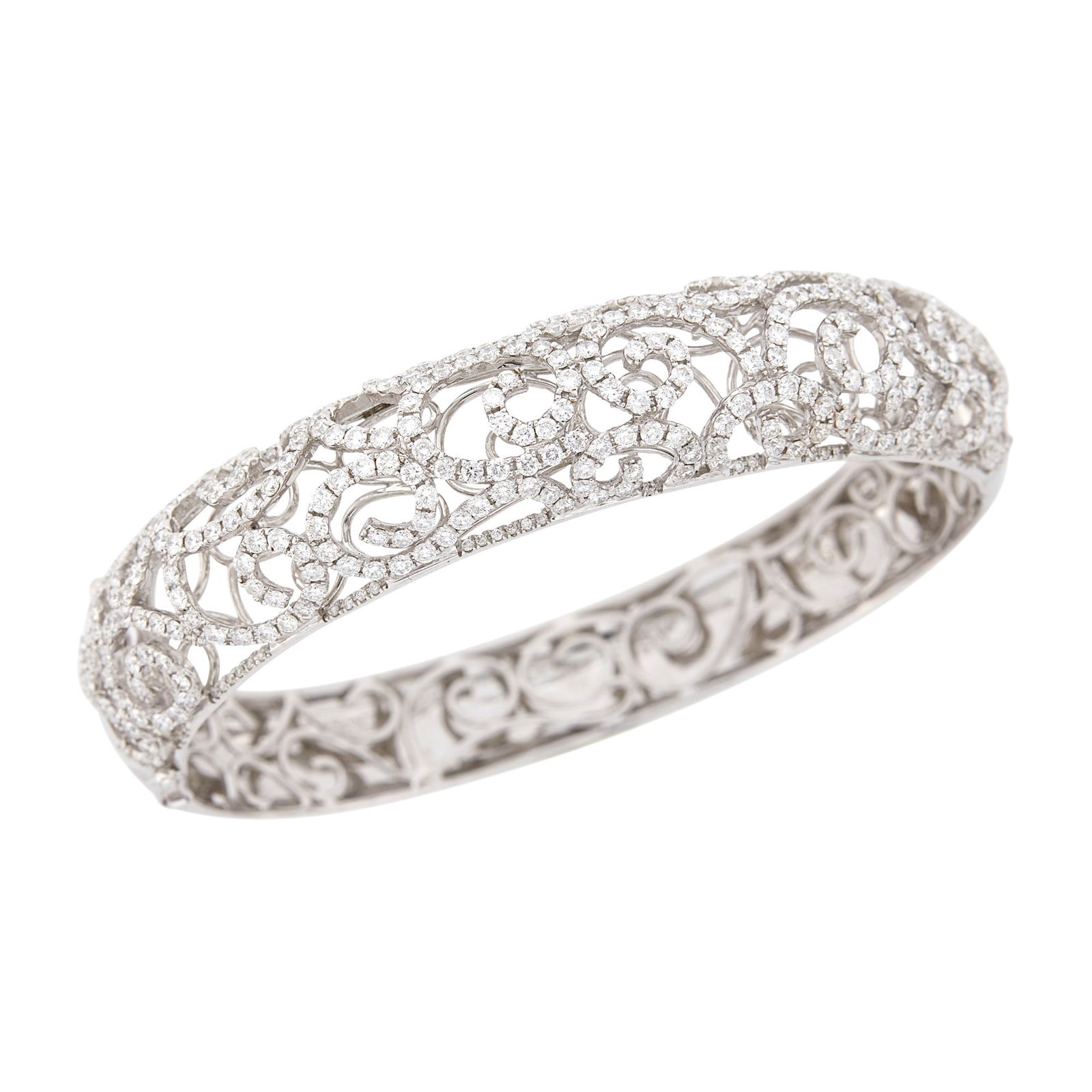 White Gold and Diamond Bangle Bracelet: 18 kt., round diamonds ap. 5.70 cts., edges with small round diamonds, signed Elia China, ap. 32 dwts. Inner cir. 7 3/8 inches. Diamonds: H-I-VS-SI.Width 5/8 to 7/16 inch.