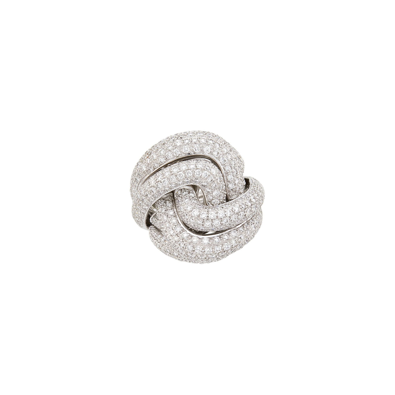 White Gold and Diamond Knot Ring: Small round diamonds ap. 3.50 cts., ap. 14 dwts. Size 6 3/4. Tests as 18 kt.Diamonds: H-I-VS.Width 1 inch. 