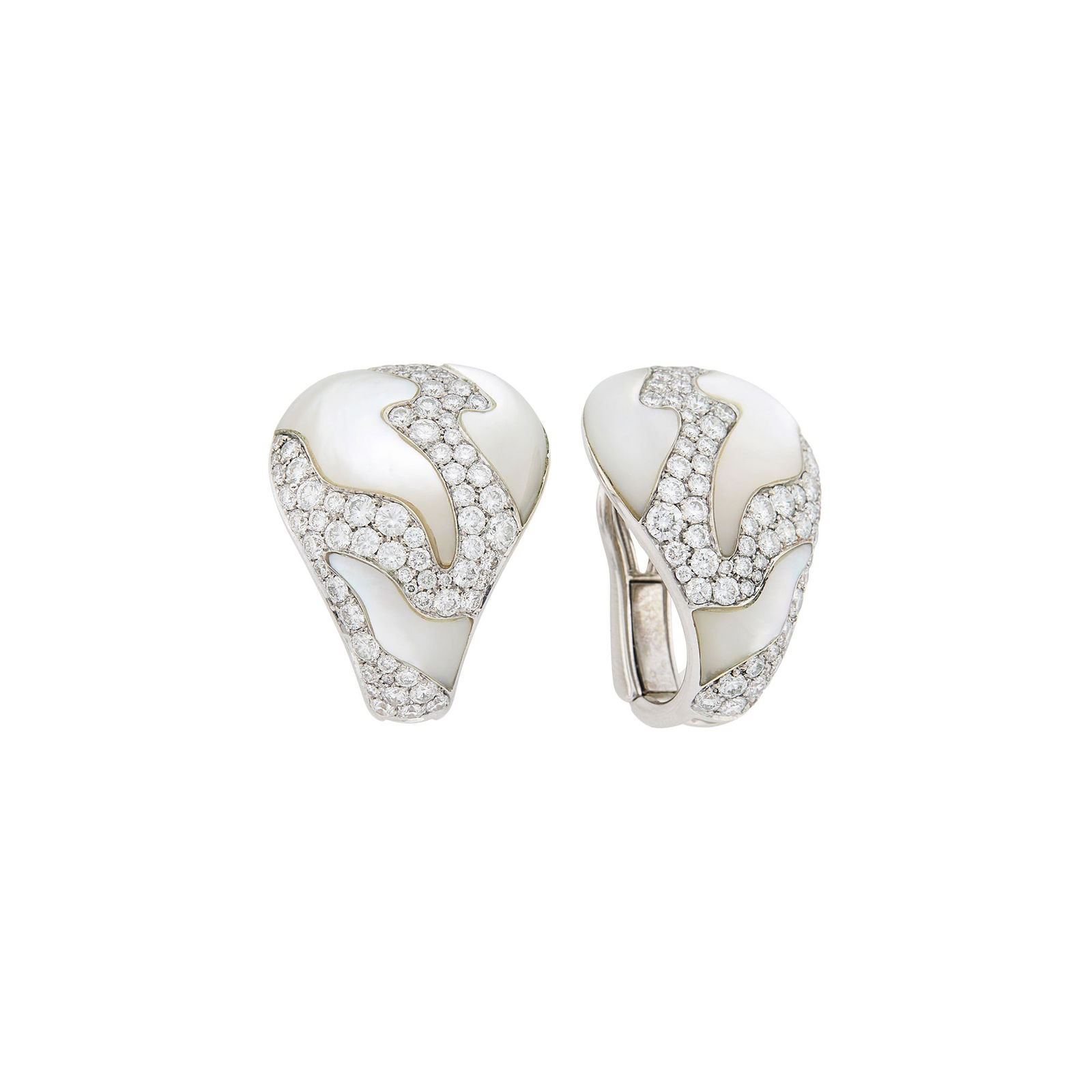 Pair of White Gold, Mother-of-Pearl and Diamond Earcilps: 136 round diamonds ap. 3.30 cts., ap. 11 dwts. Test as 18 kt. Mother-of-pearl: milky slightly grayish white, center panels with rose and green orient, good luster.Diamonds: H-I-VS.Posts and