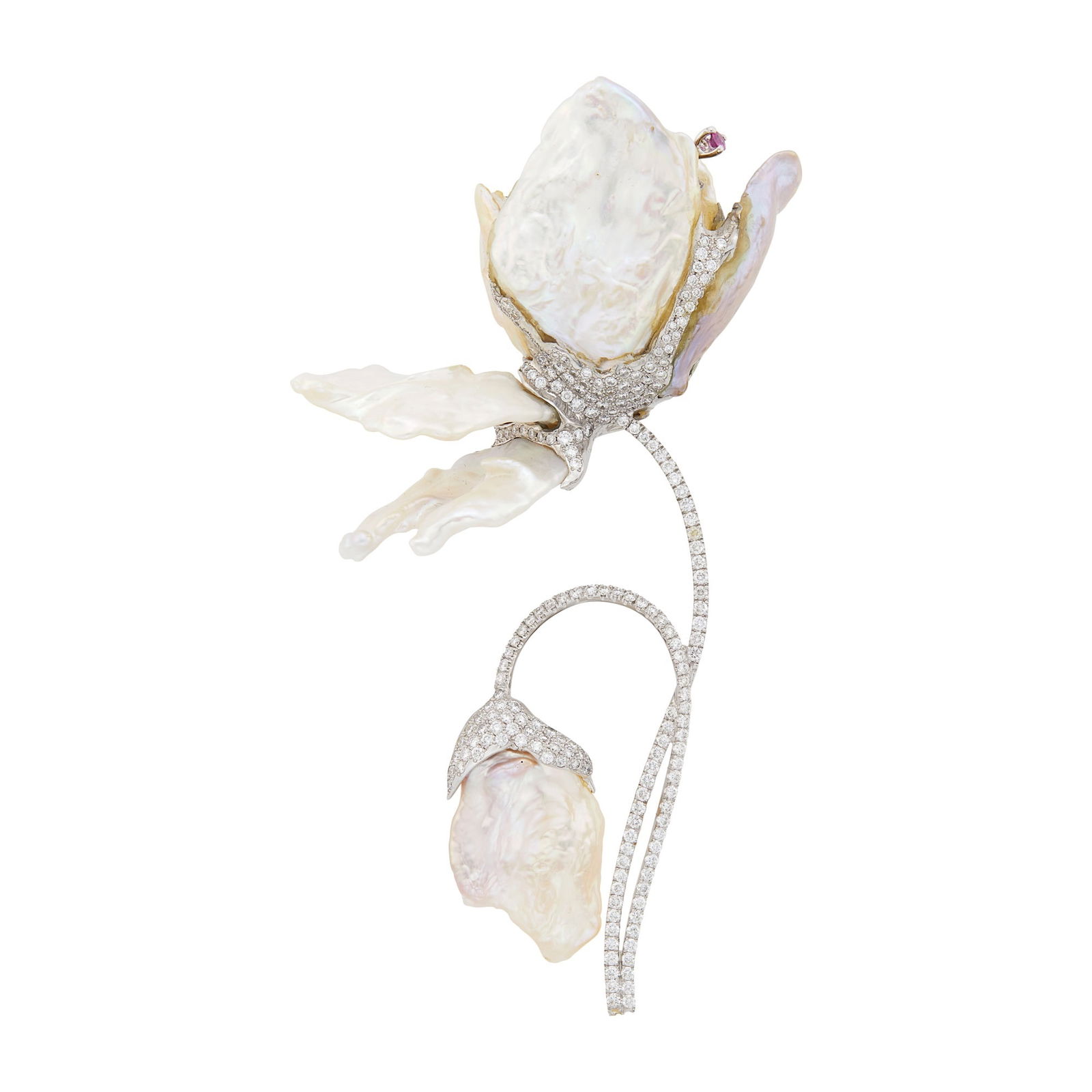 Oversized White Gold, Baroque Freshwater Pearl, Diamond and Pink and White Sapphire Flower: One gray and six freshwater pearl petals and flowers, small round diamonds, 5 round pink sapphires, 4 round white sapphires, ap. 34.8 dwts. gross. Pearls: gray with rose overtones, white with rose