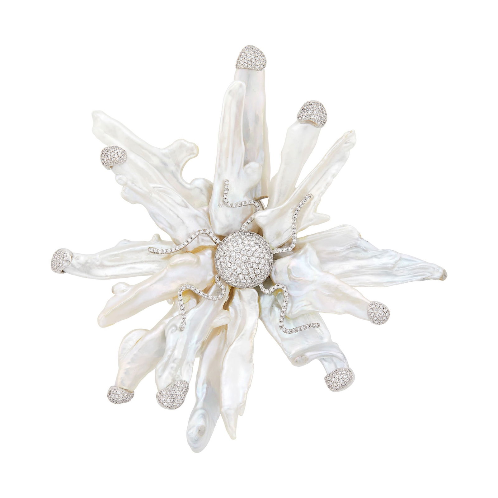 Yvel Oversized White Gold, Baroque Freshwater Pearl and Diamond Flower Clip-Brooch: 18 kt., 15 elongated baroque freshwater pearls, small round diamonds, signed Yvel, ap. 45 dwts. gross. 4 1/2 4 3/8 inches. Pearls: white with rose and green orient, vari-shaped, very good luster. Dia