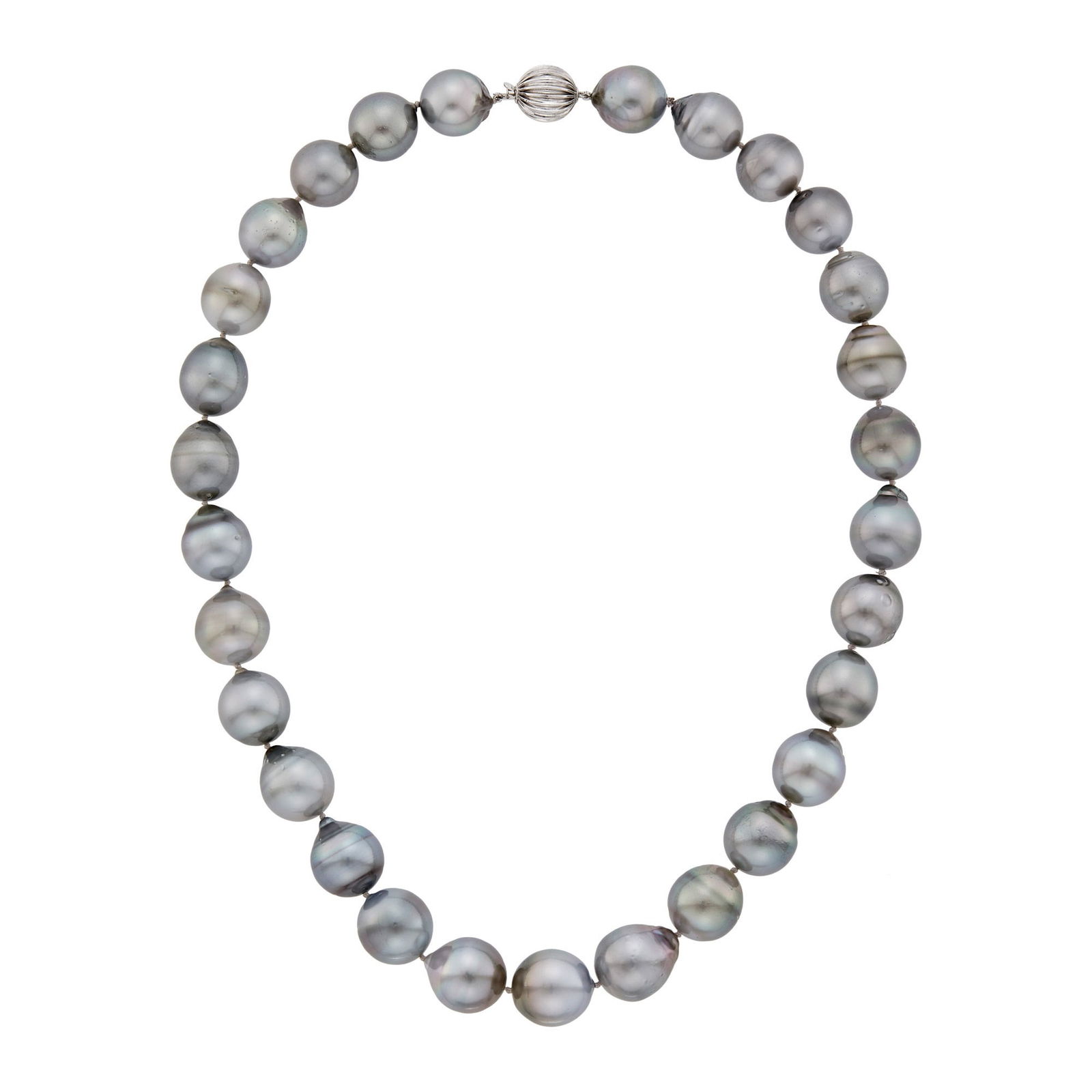 Baroque Tahitian Gray Cultured Pearl Necklace with Fluted White Gold Ball Clasp: 18 kt., 29 semi-baroque gray pearls ap. 17.0 to 15.0 mm. Length 21 inches. Pearls: mediium to medium deep gray with rose, green and purple hues, some rings, pitting and bubbles, oval and roundish