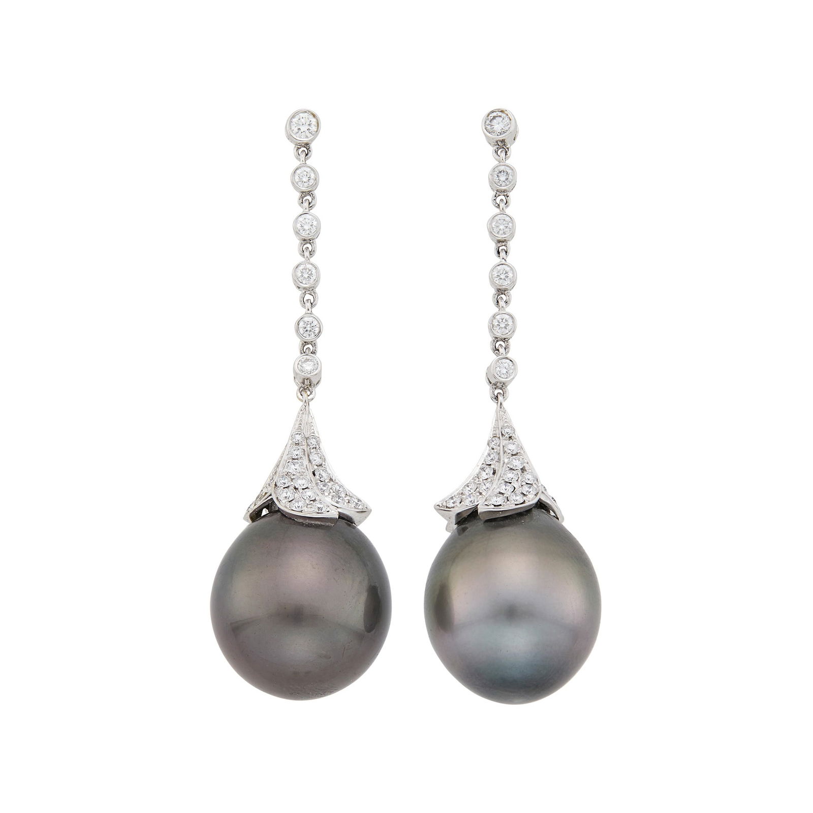 Pair of White Gold, Diamond and Tahitian Gray Cultured Pearl Pendant-Earrings: 18 kt., 54 round diamonds ap. 1.25 cts., 2 pearls ap. 16.2 mm. Diamonds: H-I-VS.Pearls: charcoal gray with rose and green orient and one with slightly taupe overtones, some dimples, medium to good