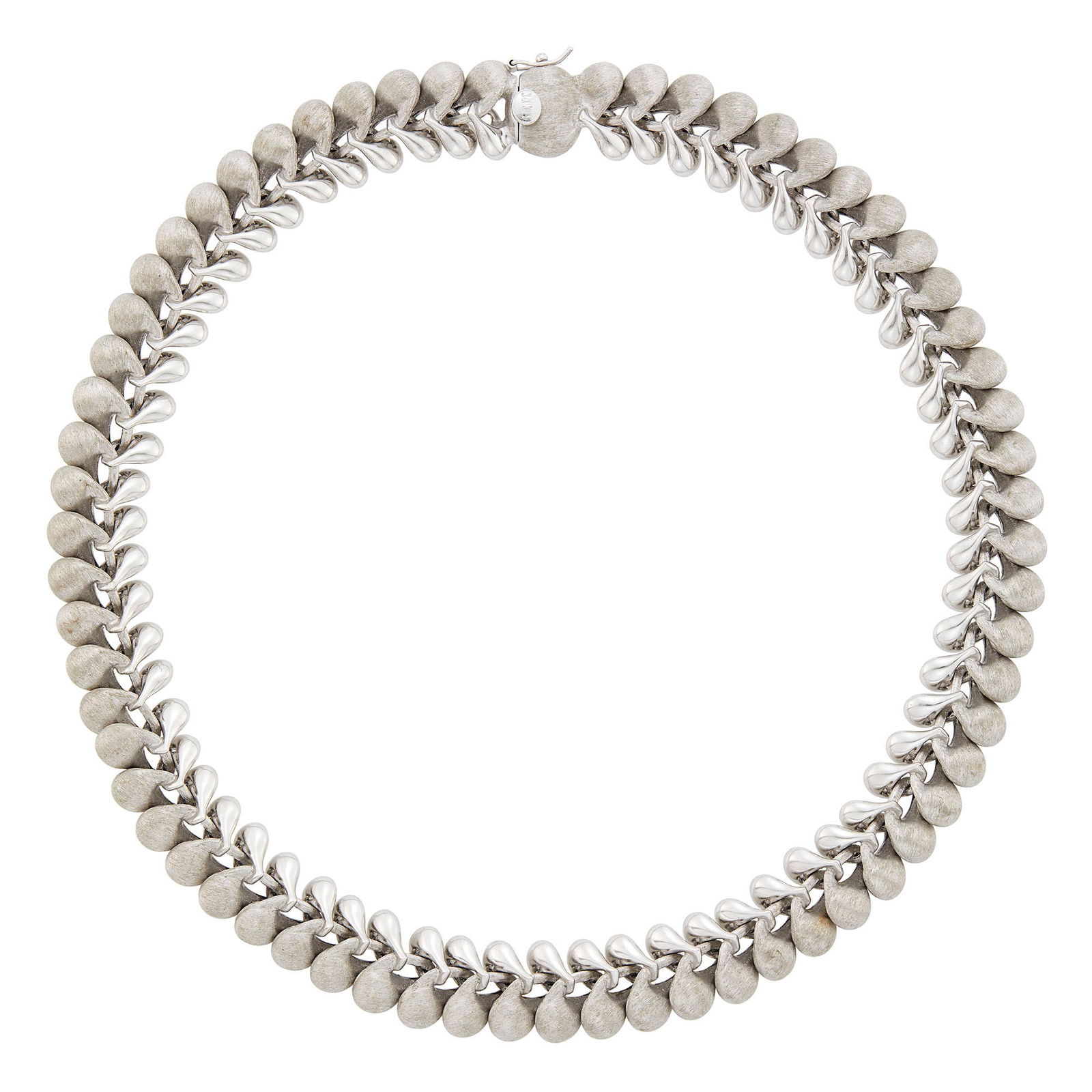 Twisted White Gold Necklace: 18 kt., ap. 54.8 dwts. Length 16 1/2 inches. Polished and brushed.Width 9/16 inch.