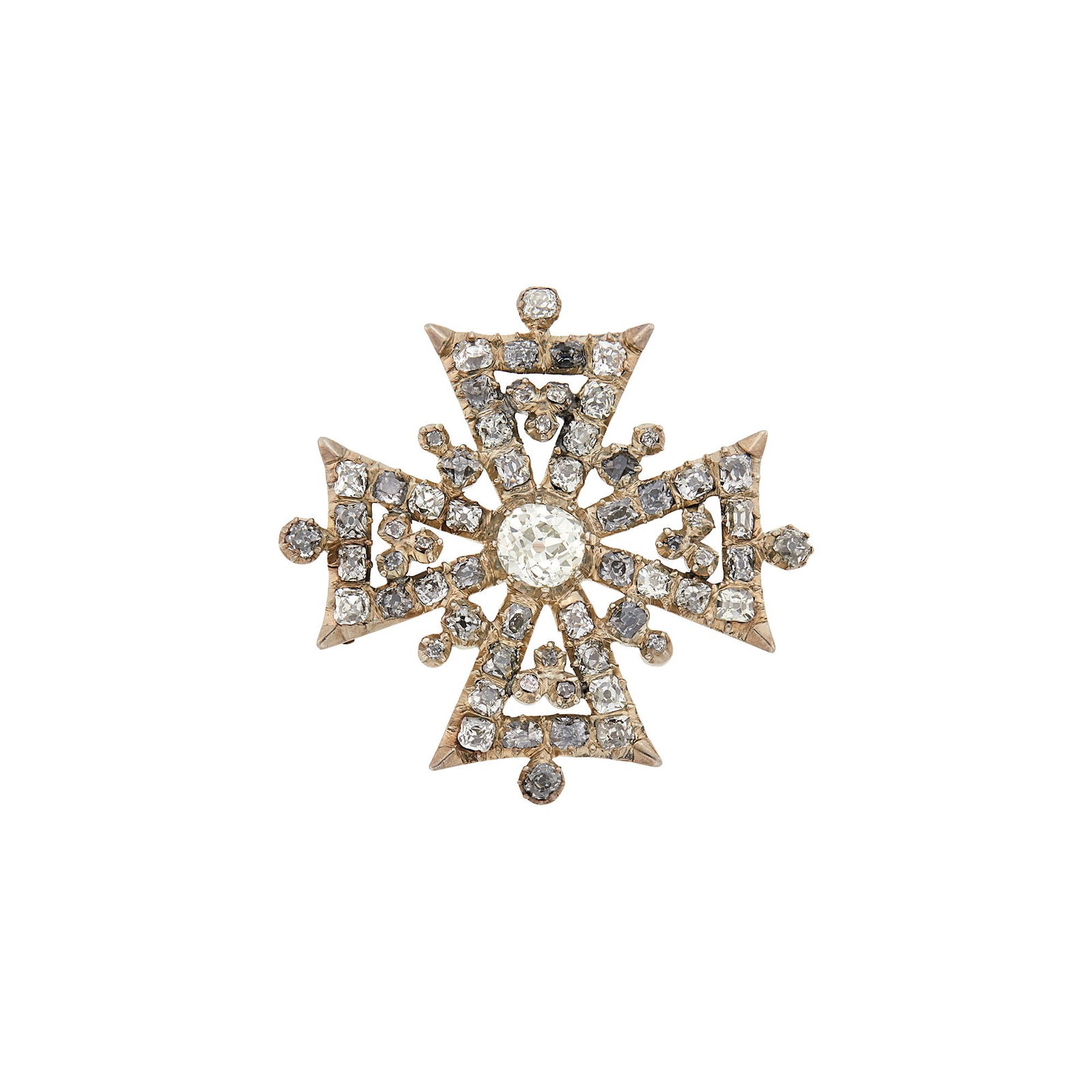 Georgian Gold-Plated Silver, Gold and Diamond Maltese Cross Brooch: One cushion-shaped old-mine cut diamond ap. .70 ct., cushion-shaped diamonds, c. 1820, ap. 5.6 dwts. Tests as 14 kt.Center diamond: J-K-SI2.Diamonds: I-J-K-VS-SI, some diamonds are of blackish