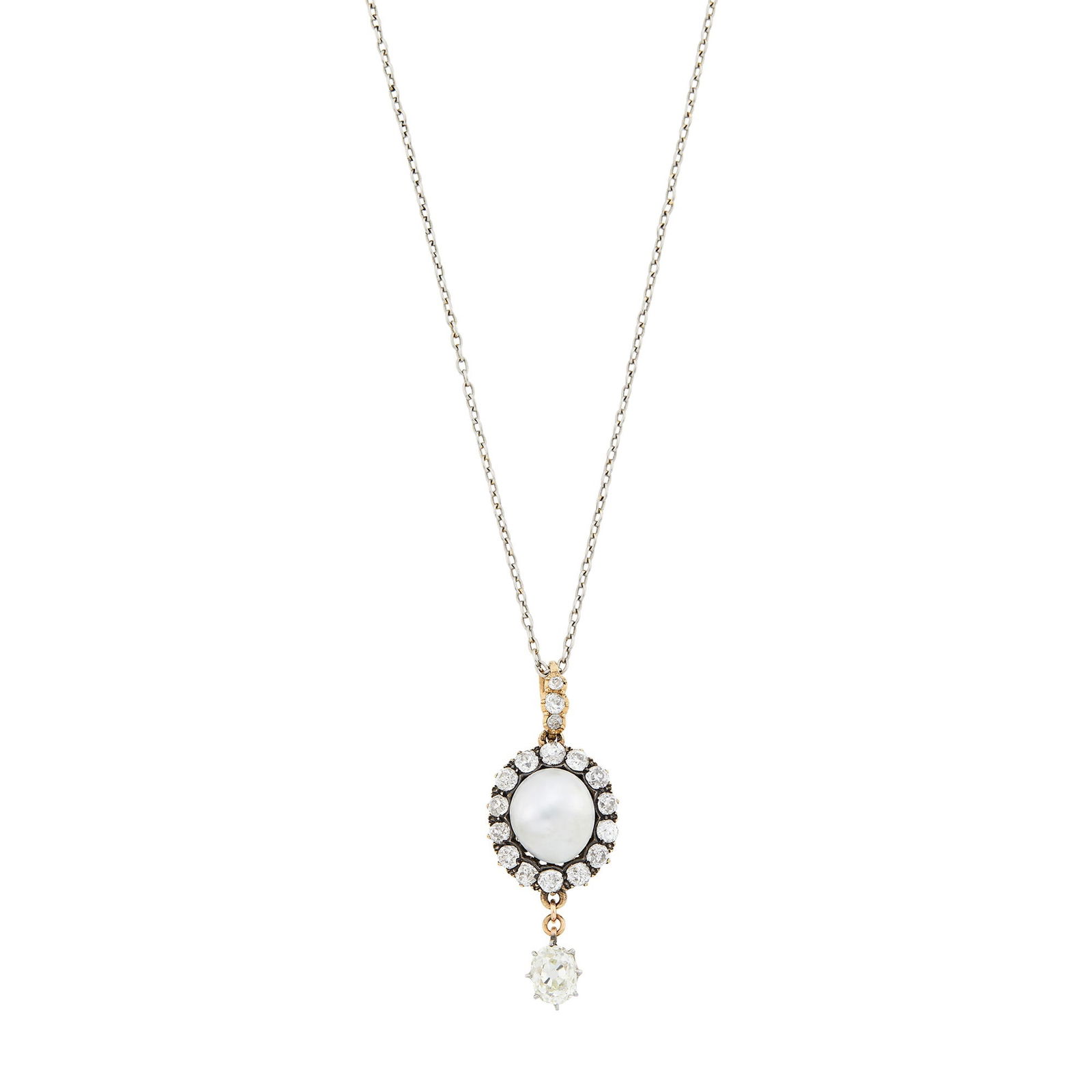 Anitque Silver, Gold, Baroque Blister Pearl and Diamond Pendant with Platinum Chain Necklace: One natural blister pearl ap. 10.69 x 9.43 x 7.52 mm., 17 old-mine cut diamonds ap. 1.10 cts., one cushion-shaped old-mine cut diamond ap. .70 ct., c. 1890, ap. 5.3 dwts. Length 15 7/8 inches. With