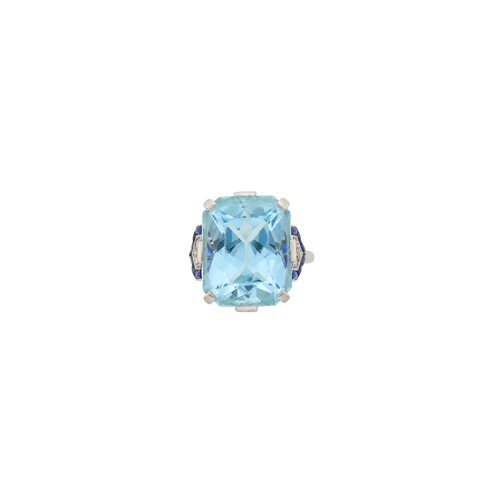 Cartier Platinum, Aquamarine, Diamond and Gem-Set Ring: One cut-cornered rectangular mixed-cut aquamarine ap. 15.00 cts., 6 single-cut diamonds, 2 rectangular buff-topped cabochon emeralds, 12 rectangular and fancy-shaped buff-topped cabochon sapphires, si